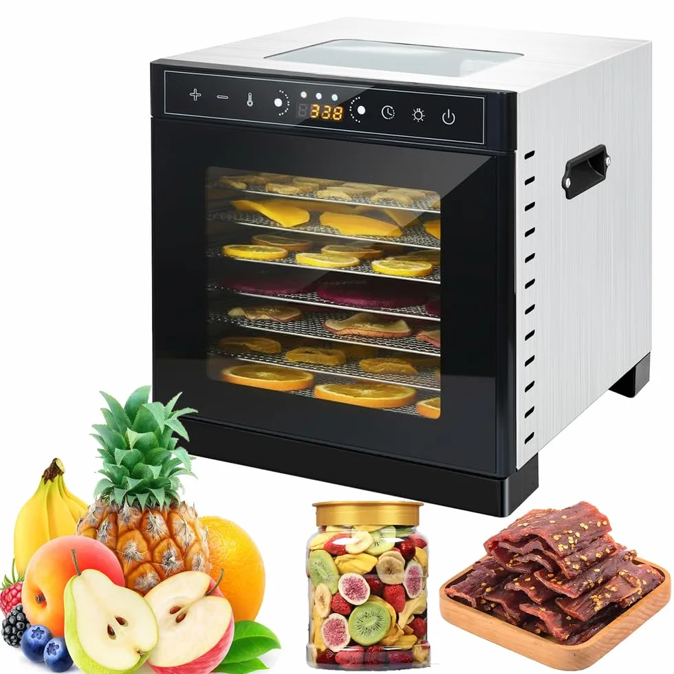 Deshidratador de alimentos con 6 bandejas espacio de secado de 3.6ft²Bandejas de acero inoxidable de 400W Secado rápido(86°F-194°F) Ideal para cecina,golosinas para perros,hierbas,carne,frutas