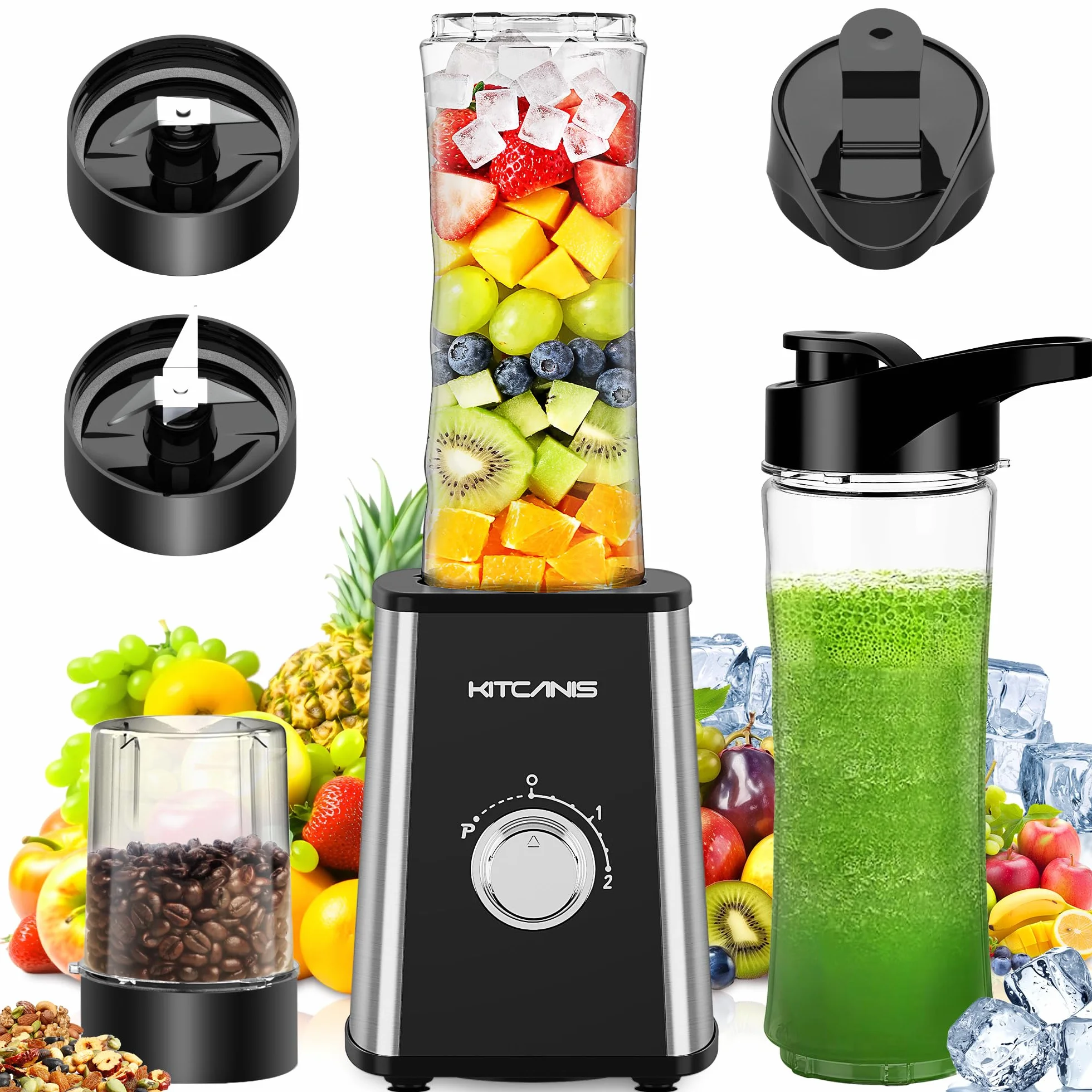 Kitcanis Mini Batidor 3 en 1, Batidora Eléctrica 800 W, 3 Velocidades Ajustables, 2 Botellas Portátiles de 600 ml y 300 ml para Helado, Frutas, Verduras, Nueces