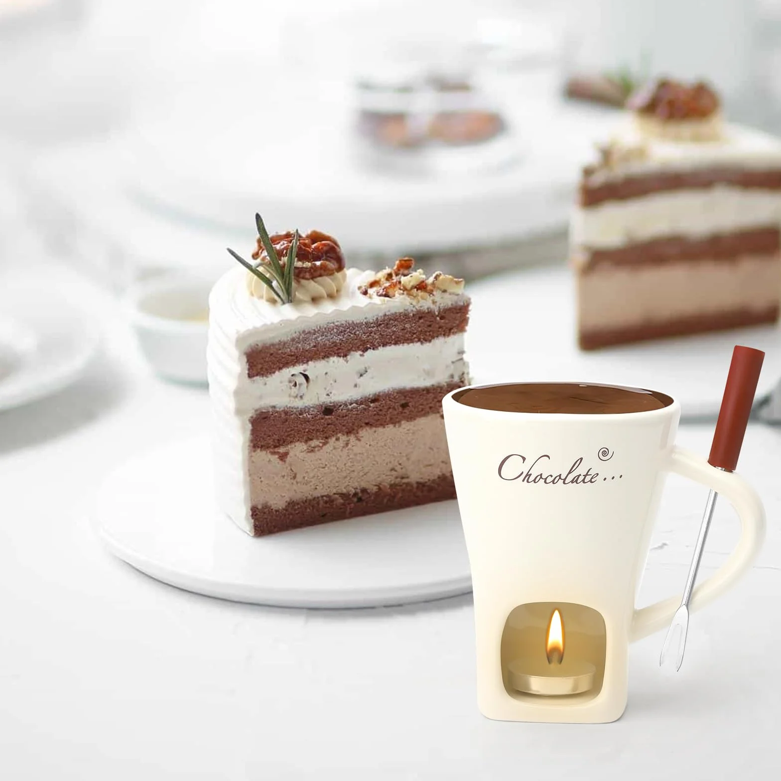 Juego de fondue de chocolate, taza de cerámica 130 ml, con portavelas y tenedores