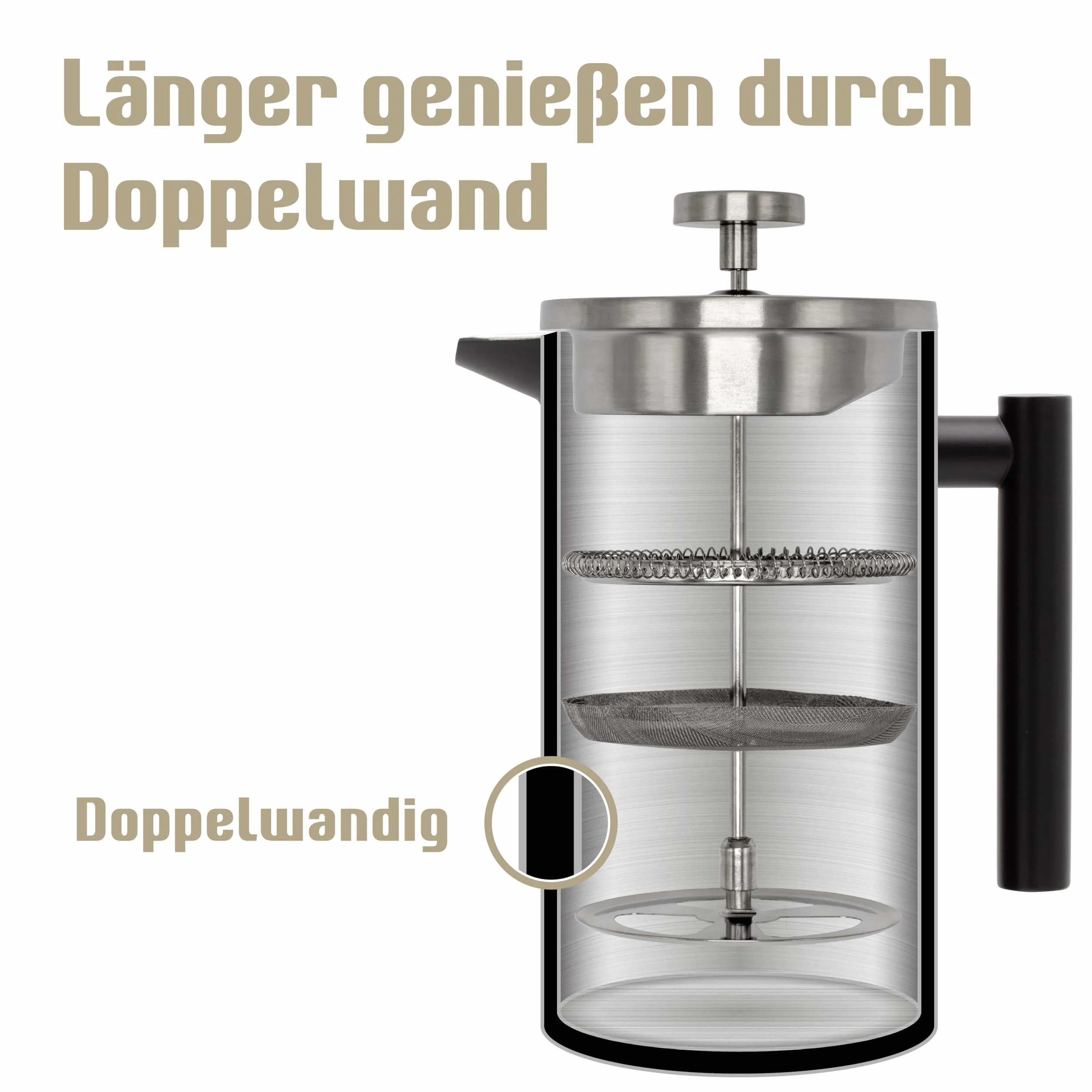 French Press Set I Cafetera Thermo Prensa de Café de Filtro 1 Litro Espumador de Leche Doble Pared Aislante Acero Inoxidable (Negro)
