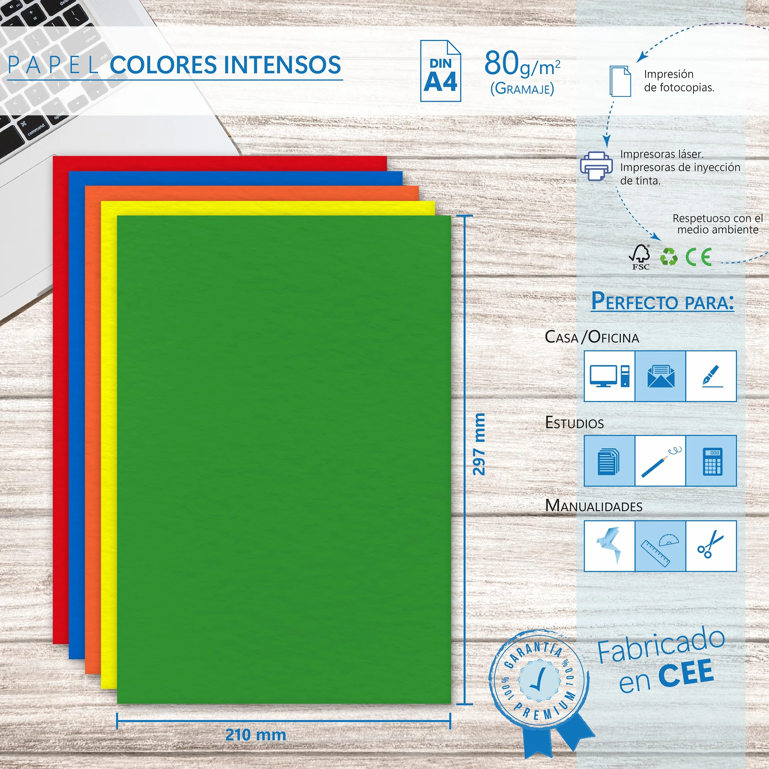 Folios Colores Pastel + Intensos A4 80 g 200 hojas Papel multifunción para Impresoras Inkjet y Láser 210 x 297 mm