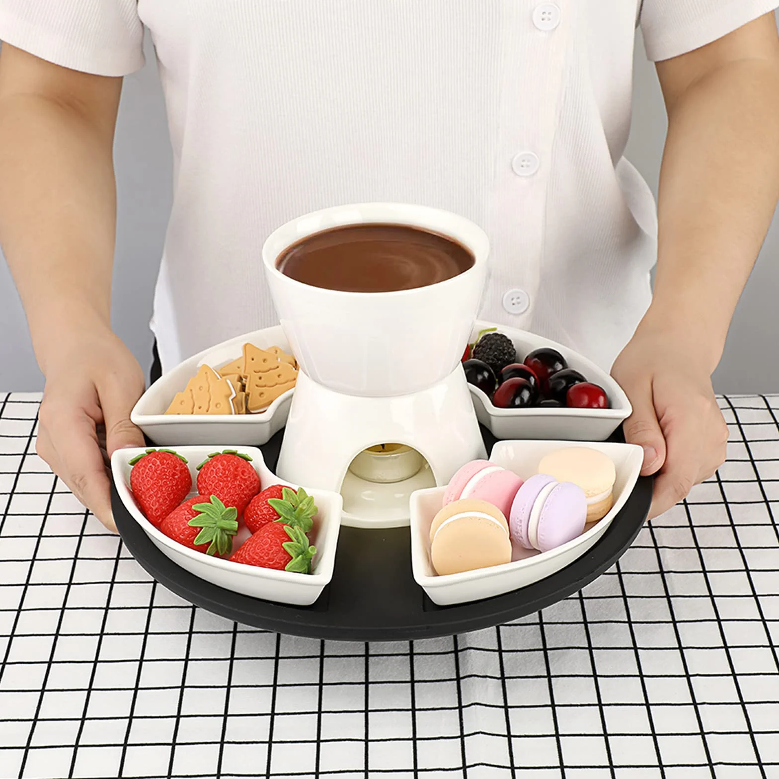 Fondue de Chocolate 300ml Cerámica Blanca Juego de Fundidor de Queso Cuadrado 11 Piezas con 4 Tenedores y Platos de Madera