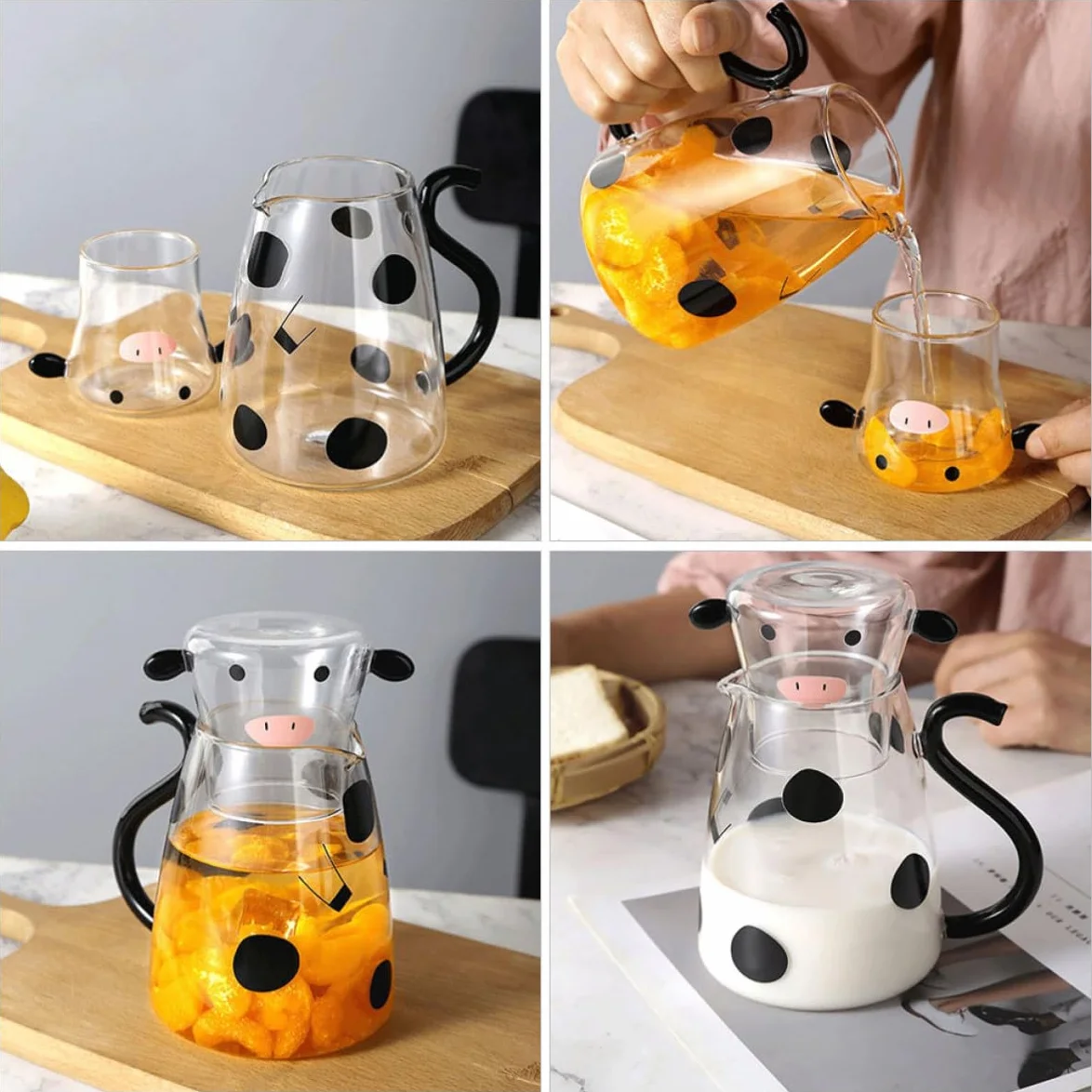Gadpiparty Jarra de Agua Fría de Vidrio Forma de Vaca, Capacidad 1800ml, Set Multifuncional Tapa y Vaso para Hogar y Restaurante