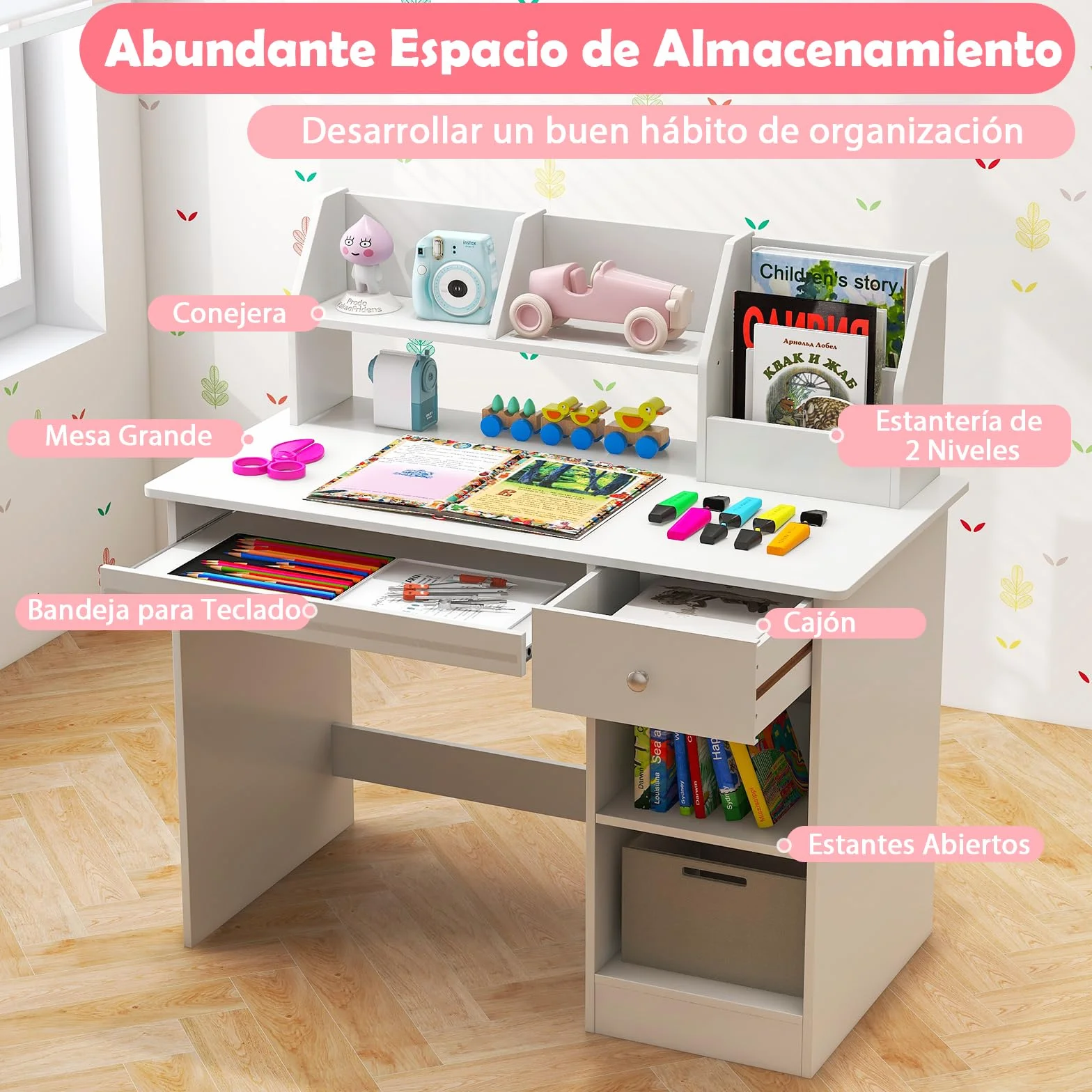 GOPLUS Escritorio Infantil de Madera con Cajón, Mesa Juvenil 3 en 1, 90 x 45 x 90 cm Blanco