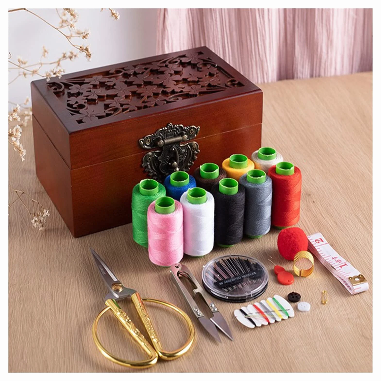 Costura, kit de costura, caja de costura, juego de costura vintage de madera maciza, organizador de caja de costura con kit de accesorios, cesta for kit de costura for principiantes/adultos/niños/dama