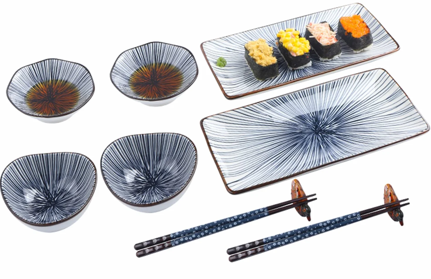 Artcome Juego de vajilla de cerámica de estilo japonés de 10 piezas para inauguración de la casa de boda, 2 platos de sushi, 2 platos de salsa, 2 cuencos de aperitivos, 2 pares de palillos, 2 soportes