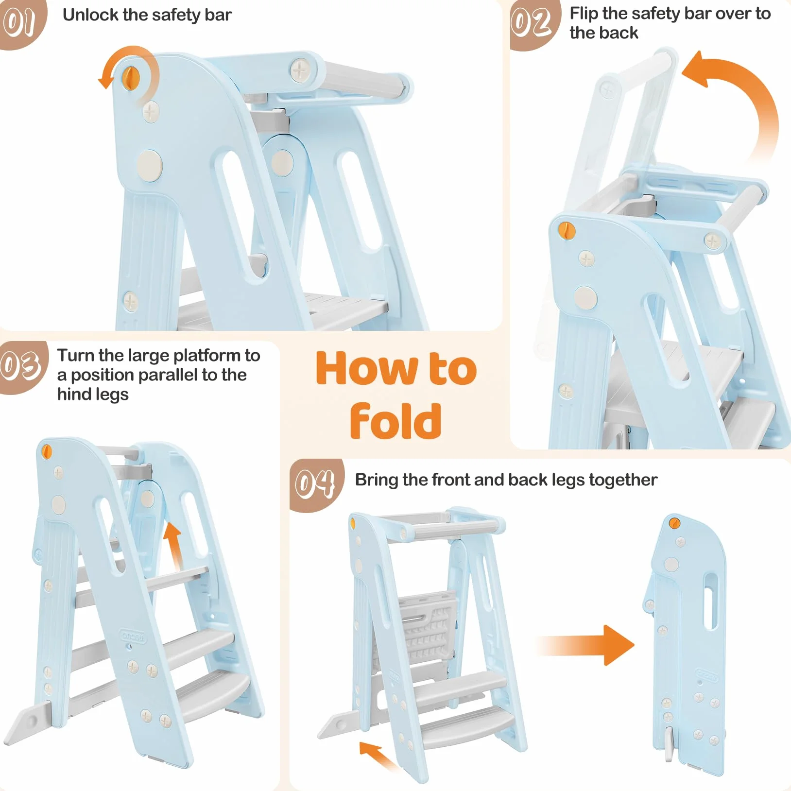 Onasti Torre de Aprendizaje Montessori Plegable Ajustable 2-3 Escalones Azul