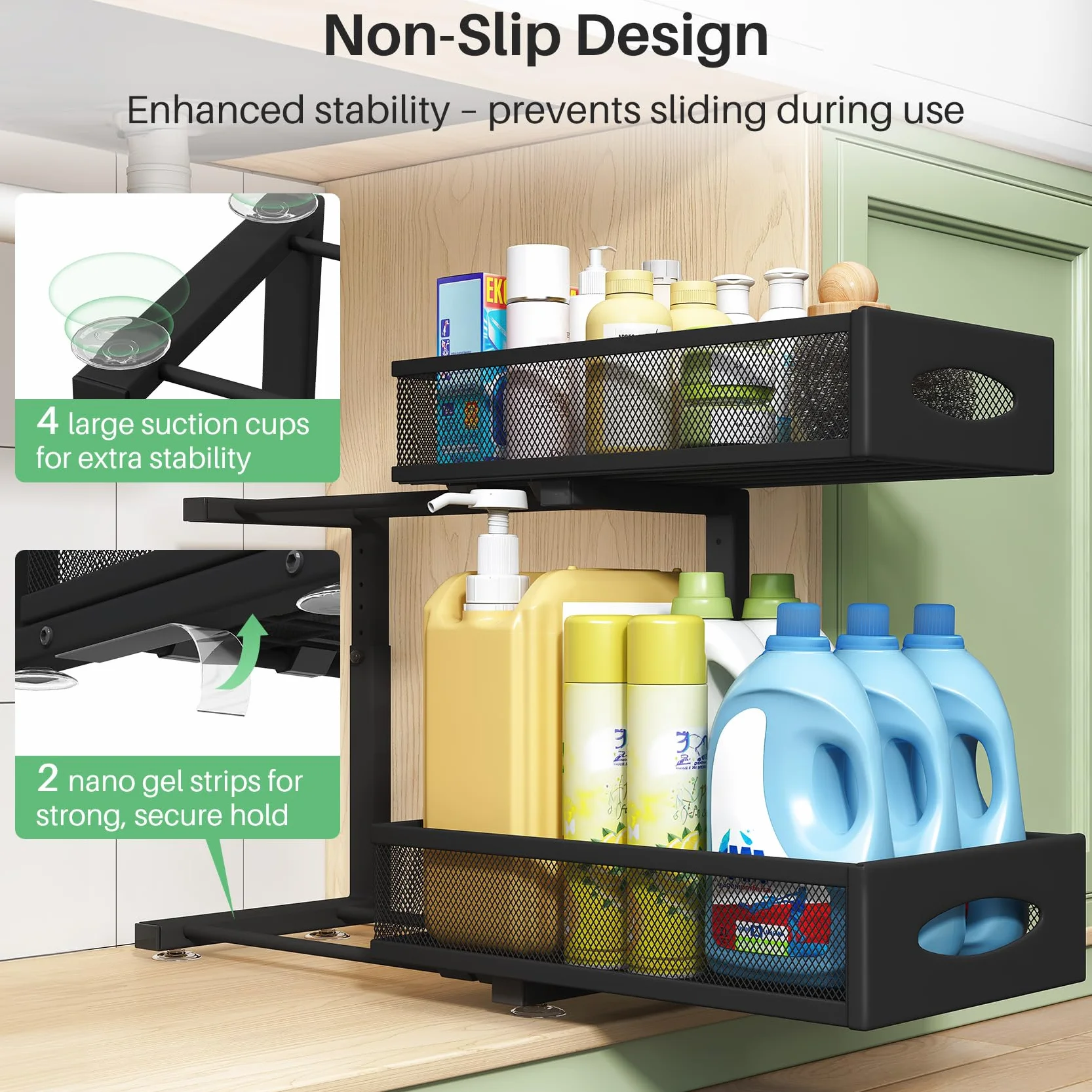 Kitstorack Organizador Bajo Fregadero de Metal 2 Niveles Cajones Deslizantes Altura Ajustable Negro