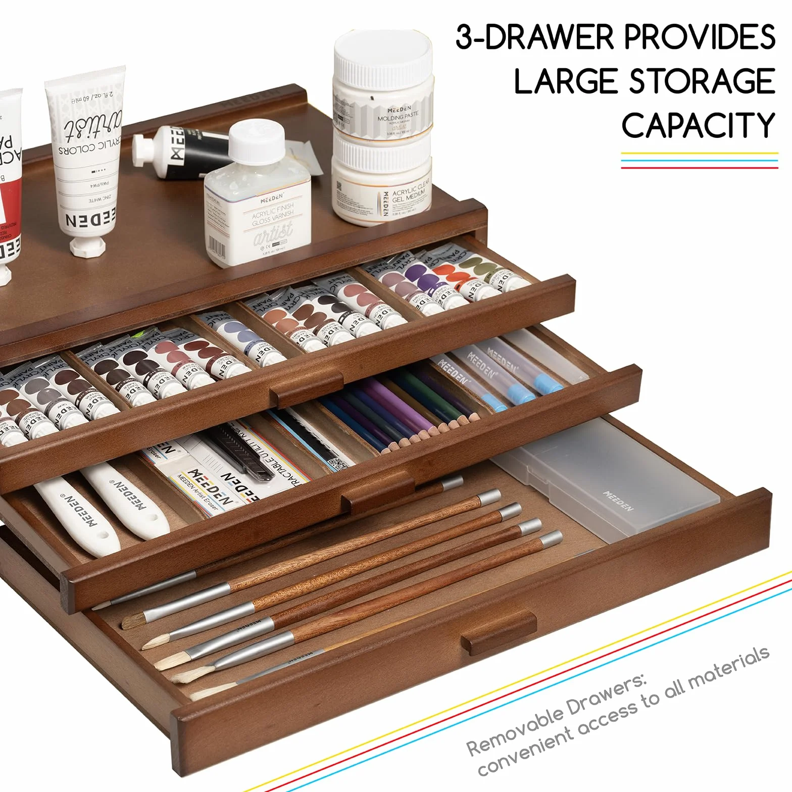 MEEDEN Pro Caja de almacenamiento para artistas, 3 cajones, madera maciza de haya, cajones organizadores portátiles para pasteles, lápices, bolígrafos, pinceles