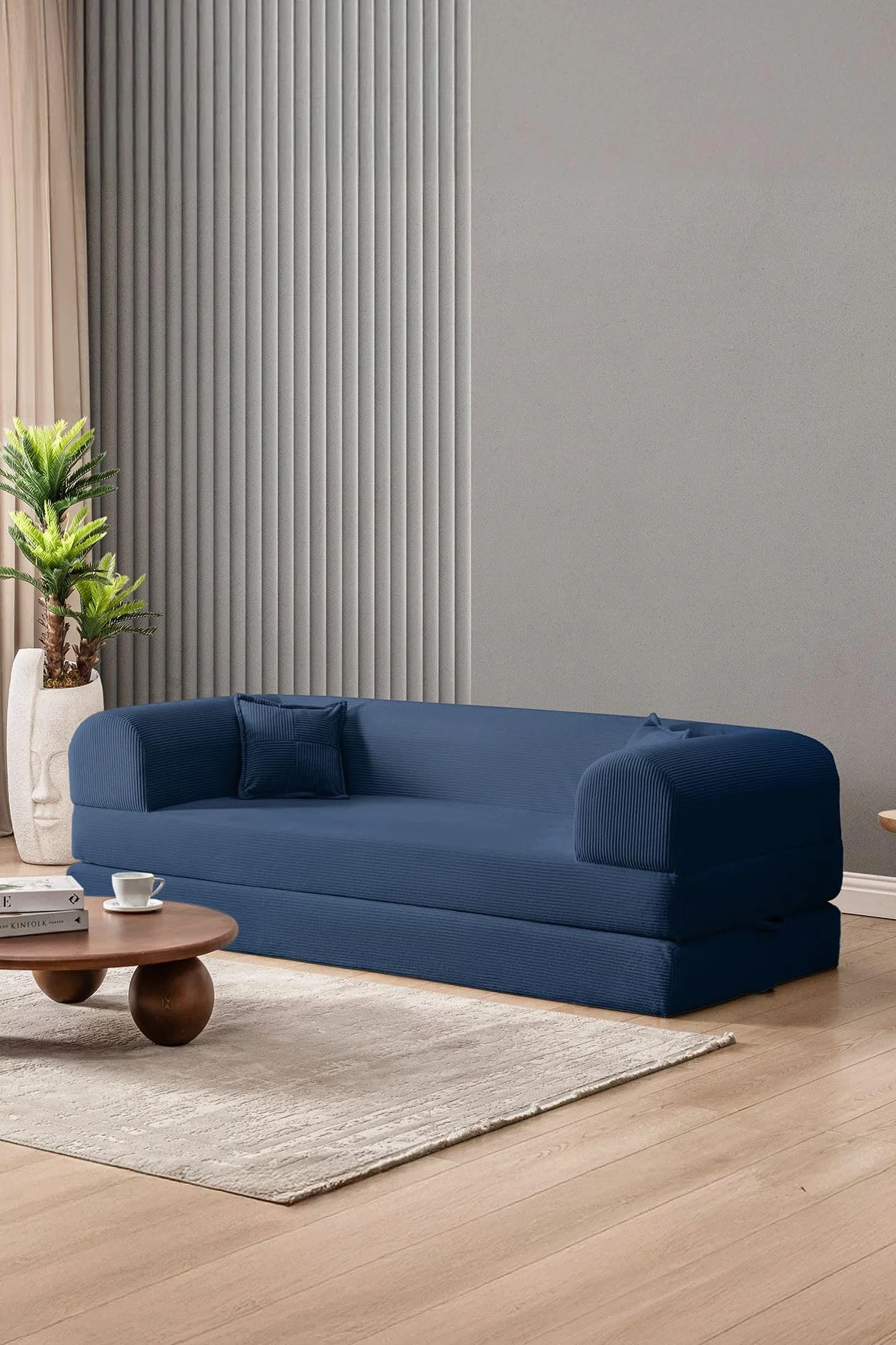 Sofá Cama de 3 plazas, Azul Marino, 190 cm, 100% Tejido de Felpa Acanalada, Funda extraíble, Apta para Mascotas, 2 Almohadas Incluidas