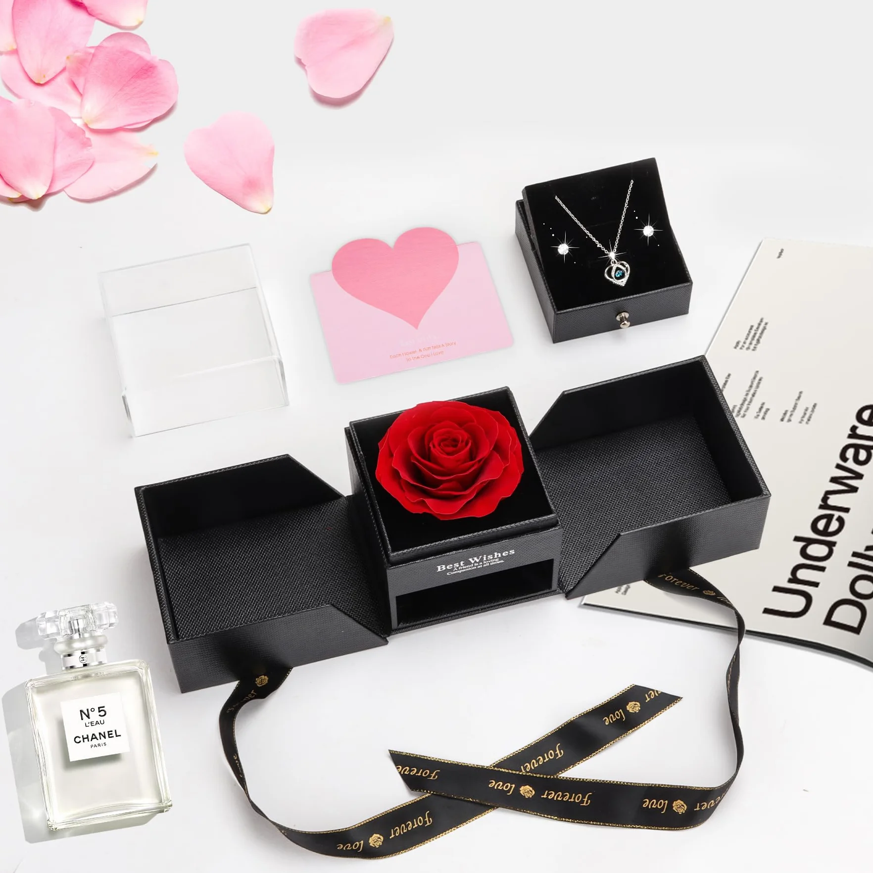 Rosa Eterna Rojo Caja de Regalo Rosa Preservada con Collar de Corazón y Aretes para Mujer