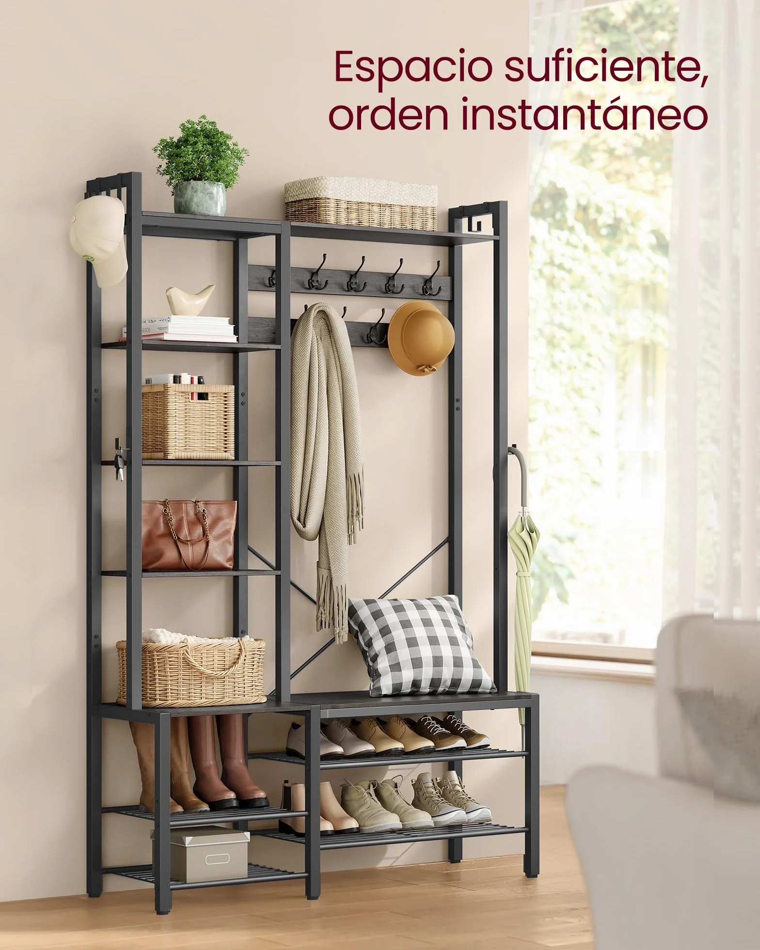 VASAGLE Perchero Recibidor con Banco Zapatero y 5 Estantes de Almacenaje, 9 Ganchos para Ropa y 6 Ganchos Laterales, 40 x 120 x 190 cm, Gris Piedra y Negro Tinta HSR426B04