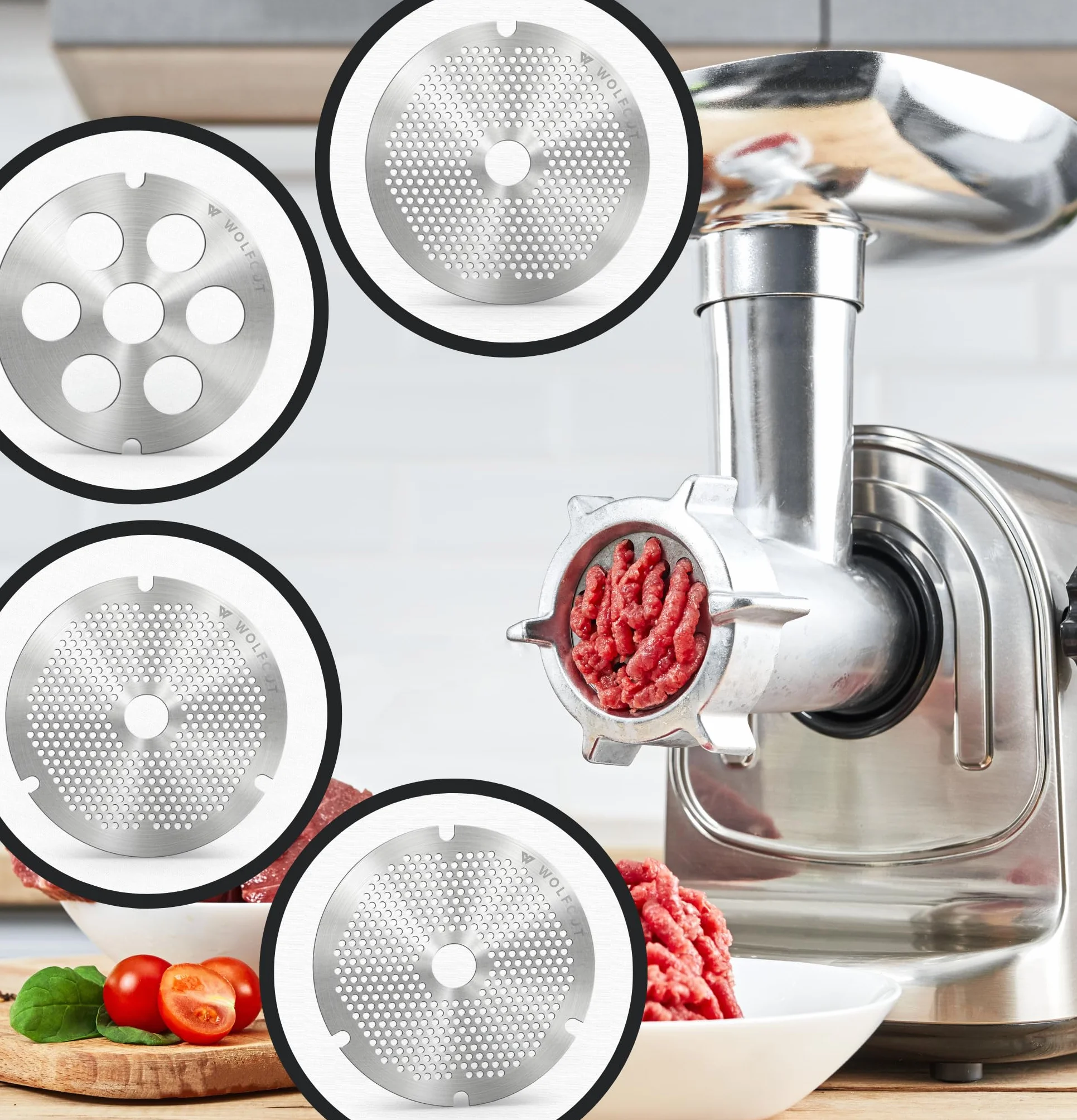 Wolfcut Inox Longlife - Cuchillas para picadora de carne con buje, 4 ranuras y rosca, repuesto para/compatible con picadora Bizerba tamaños 32-3,5 mm