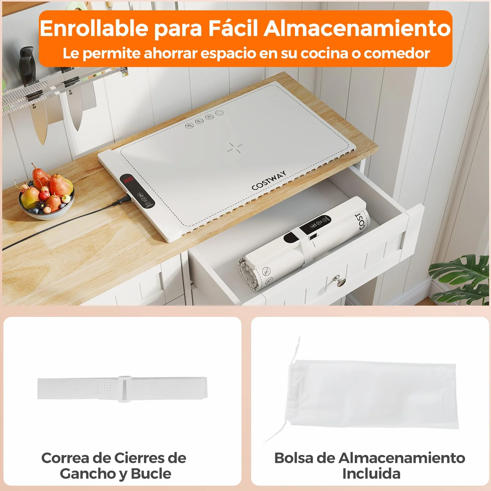 COSTWAY Manta Electrica para Calentar Alimentos, Bandeja de Silicona Enrollable y Portátil con Calentamiento Rápido, Calentador de Alimentos con Apagado Automático y Bloqueo para Niños (Blanco)
