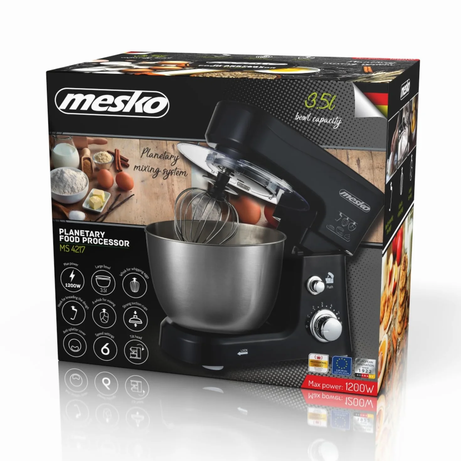 Mesko MS4217 Robot Cocina Batidora Amasadora Repostería, Recipiente Acero Inoxidable de 3,5 l, 6 Velocidades, Gancho para Amasar, Varilla Mezcladora, 1200 W
