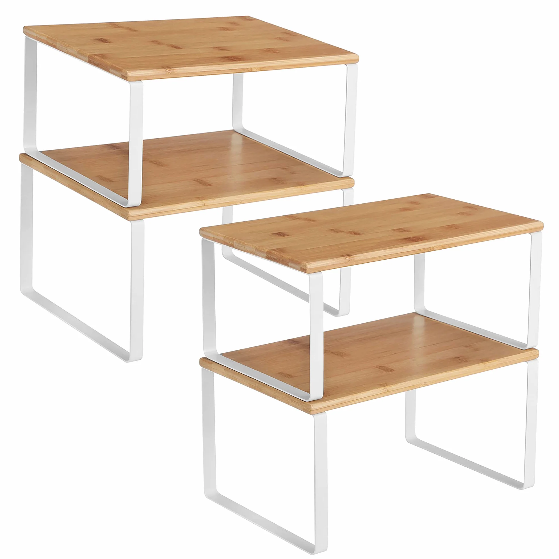 SONGMICS Organizadores de Cocina Juego de 4 Estantes Apilables Expandibles Metal y Madera Blanco Natural
