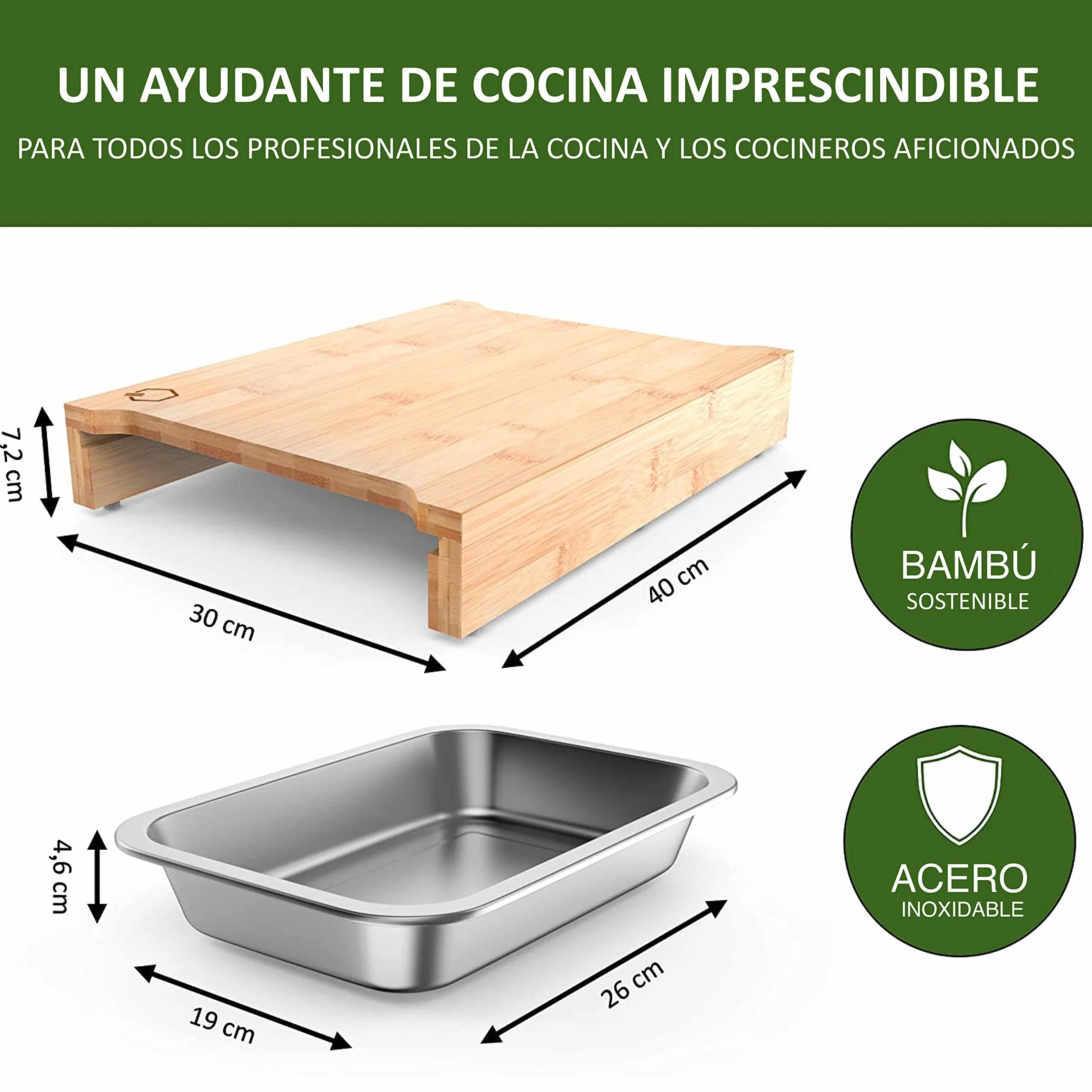 Premium Tabla de cortar con bandejas, bambú con 3 placas de cocción de acero inoxidable, apto para lavavajillas,Tabla de cortar de cocina multifuncional.