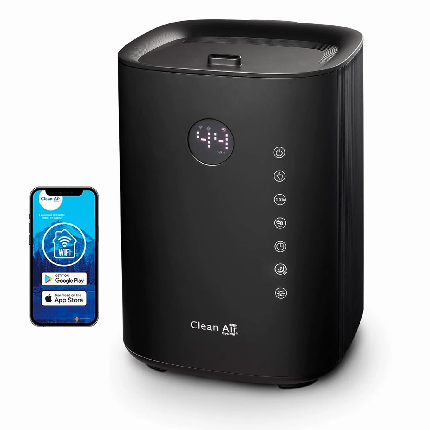 Clean Air Optima CA-604 Smart Top Filling - 3 en 1: Humidificador, purificador de aire y aromaterapia. - Capacidad min.120 ml/h - máx.400 ml/h! - Ideal para habitaciones de hasta 55 m²/140 m³ (negro)