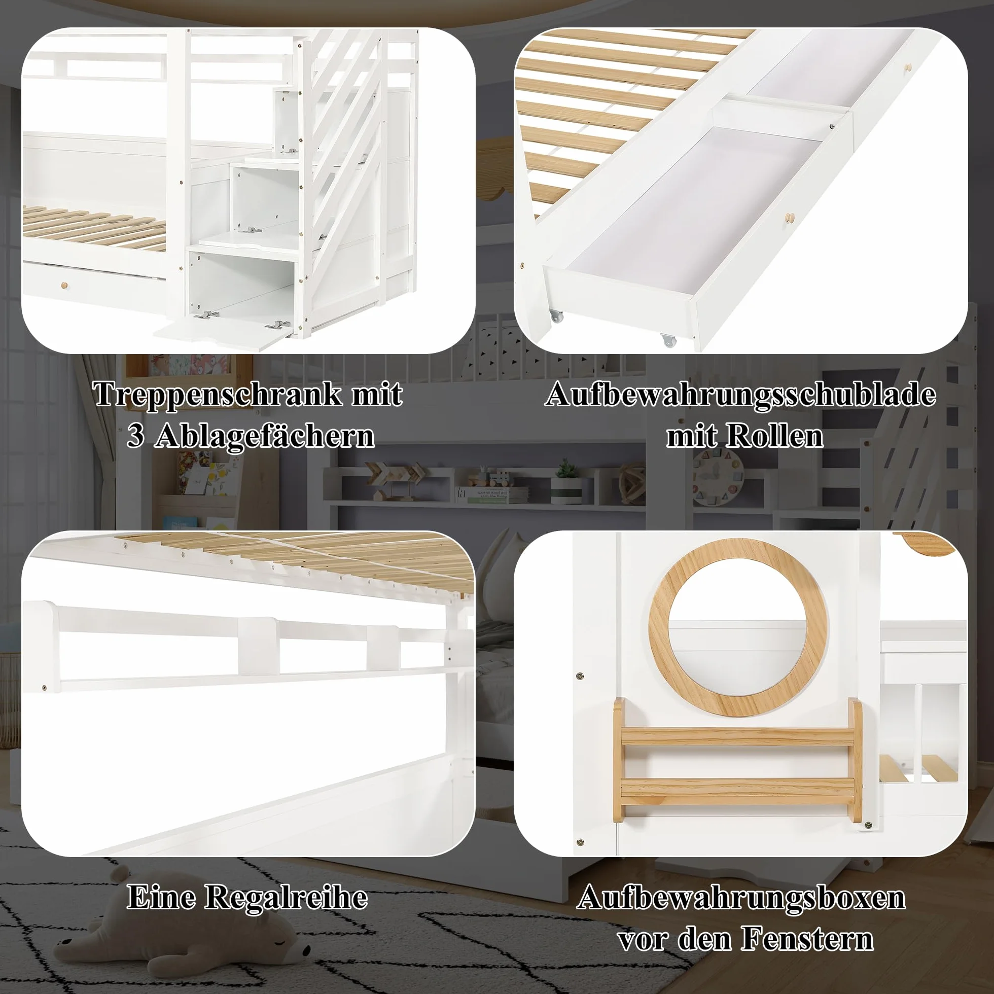 Dolamaní Cama infantil litera, 90 x 200 cm, litera para 2 niños y 2 cajones con ruedas, cama de casa con espacio de almacenamiento, escalera de madera de pino MDF, cama para niñas (sin colchón