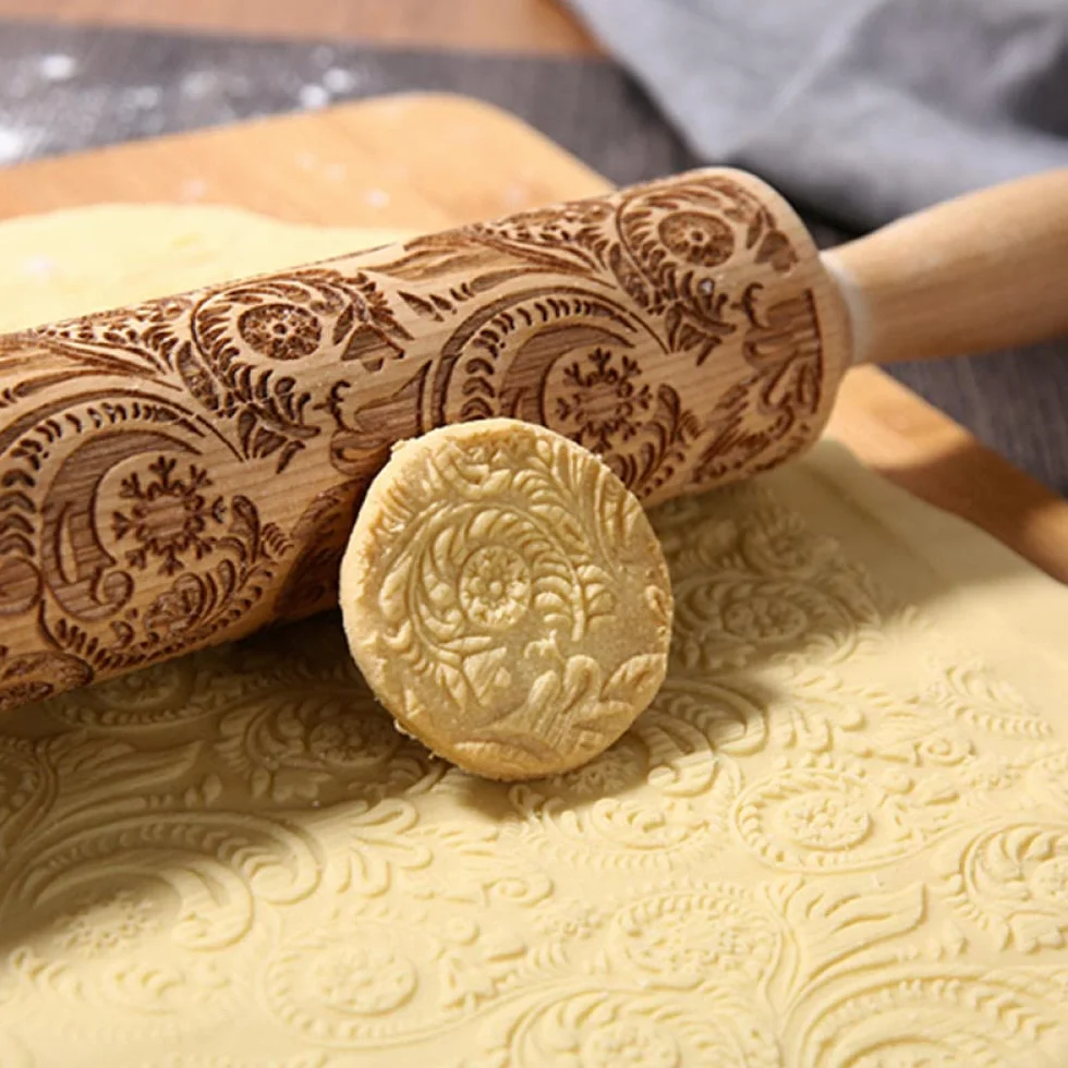 Rodillo para repujar， Rodillos de amasar Rodillo de madera Herramienta de cocina for hornear y grabar en relieve