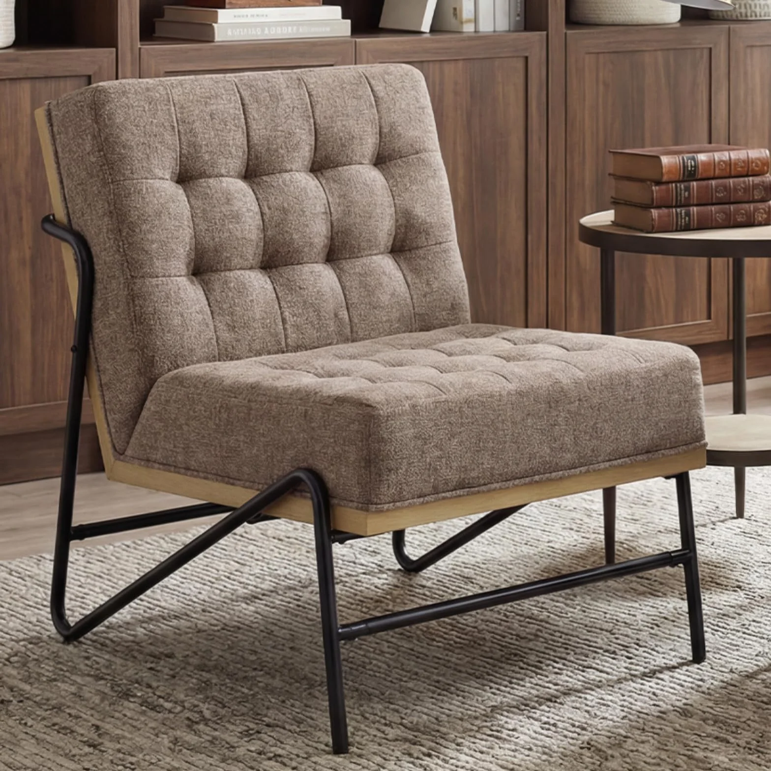 chairus Butaca de Salón Nórdica de Lino Sillón Acolchado con Base de Madera Maciza, Butaca Ocio con Patas Metálicas Cruzadas para Dormitorio/Rincón de Lectura,Marrón