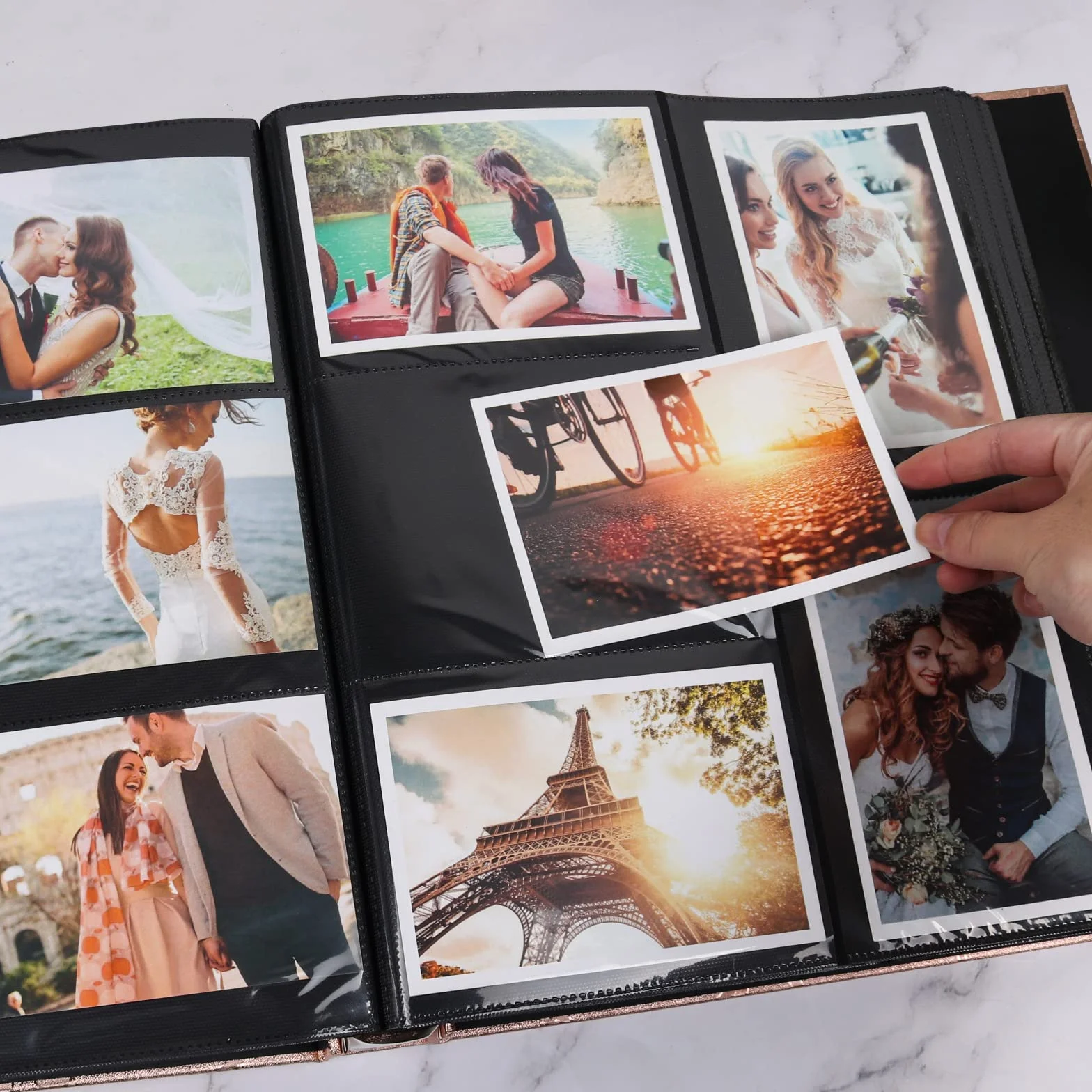 RECUTMS Álbum de fotos con cubierta de piel con 600 bolsillos cosidos, ranuras para álbum de notas de 4 x 6 pulgadas, 5 por página, regalo del día de San Valentín, álbum de recuerdos de boda (hoja en