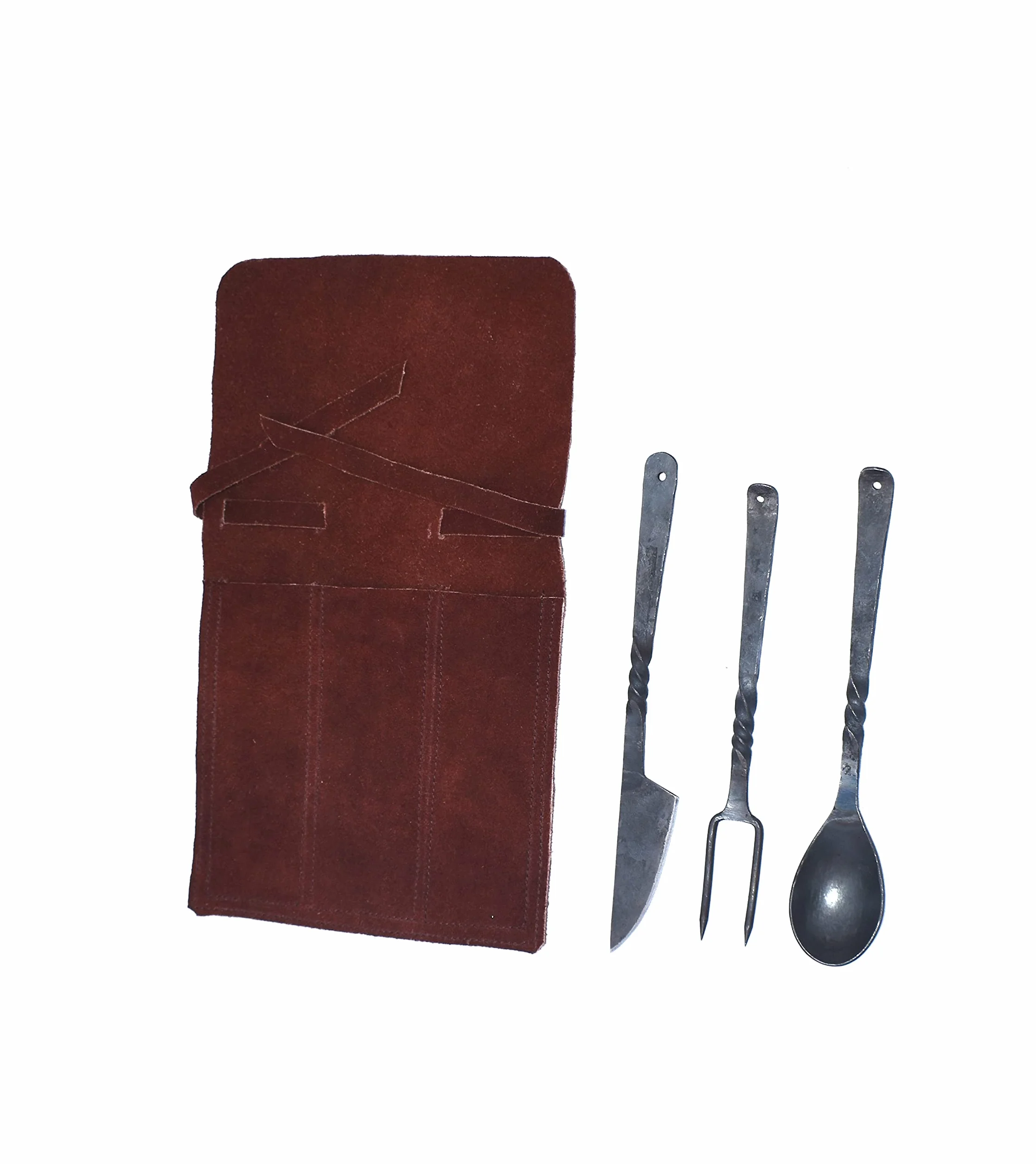 Viking Traders Juego de 3 utensilios medievales forjados a mano para comer, banquete, tenedor, cuchillo y cuchara, con bolsa de piel auténtica para un fácil transporte.