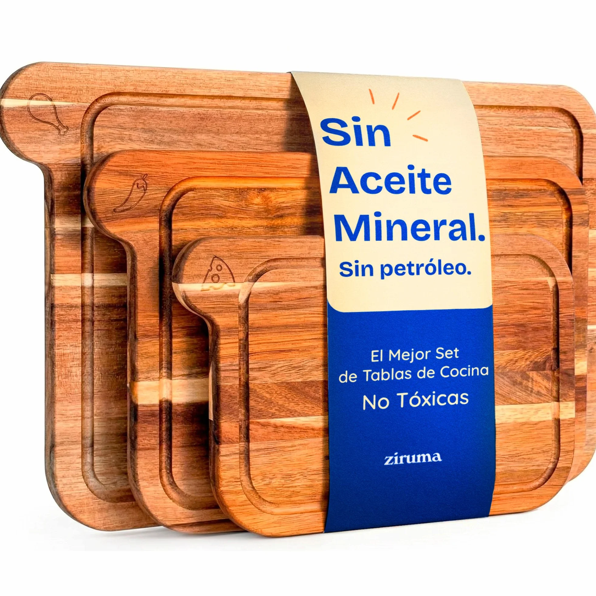 Tablas de Cortar de Madera de Acacia FSC Set 3 No Tóxicas Ziruma
