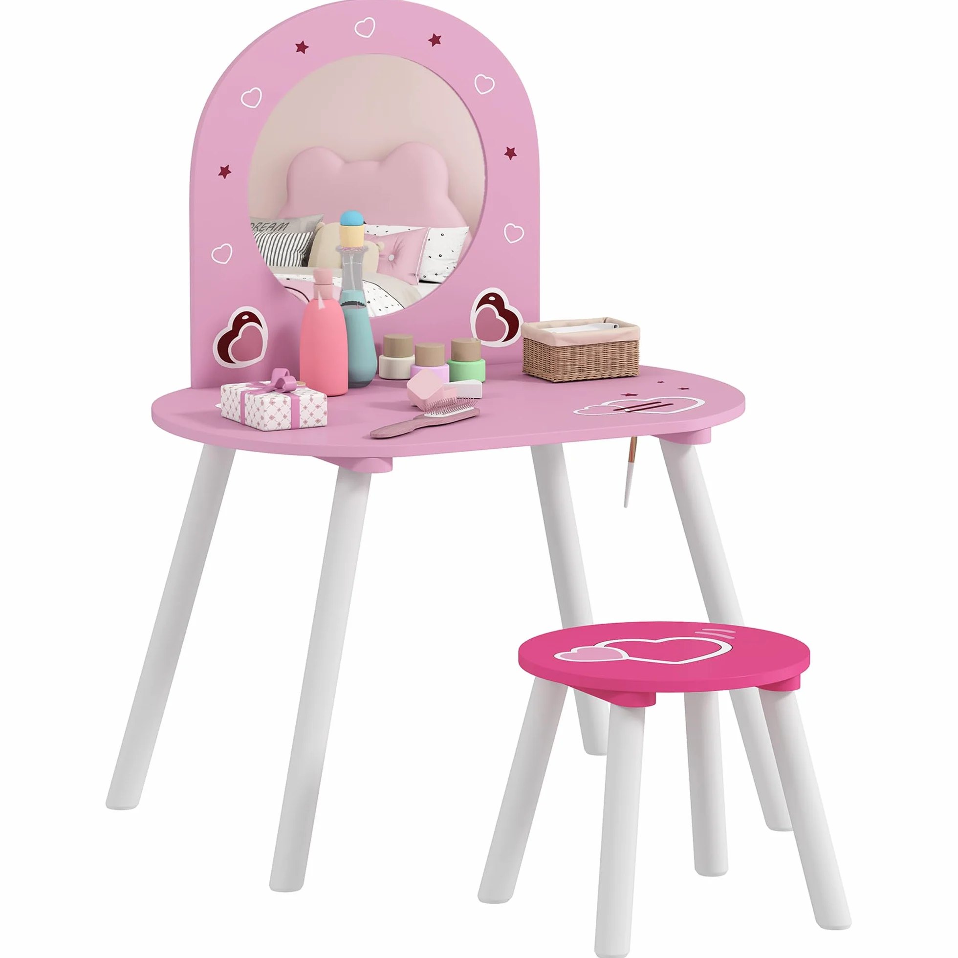 AIYAPLAY Tocador Infantil con Taburete y Espejo, Mesa de Maquillaje para Niñas 3-6 Años, Rosa