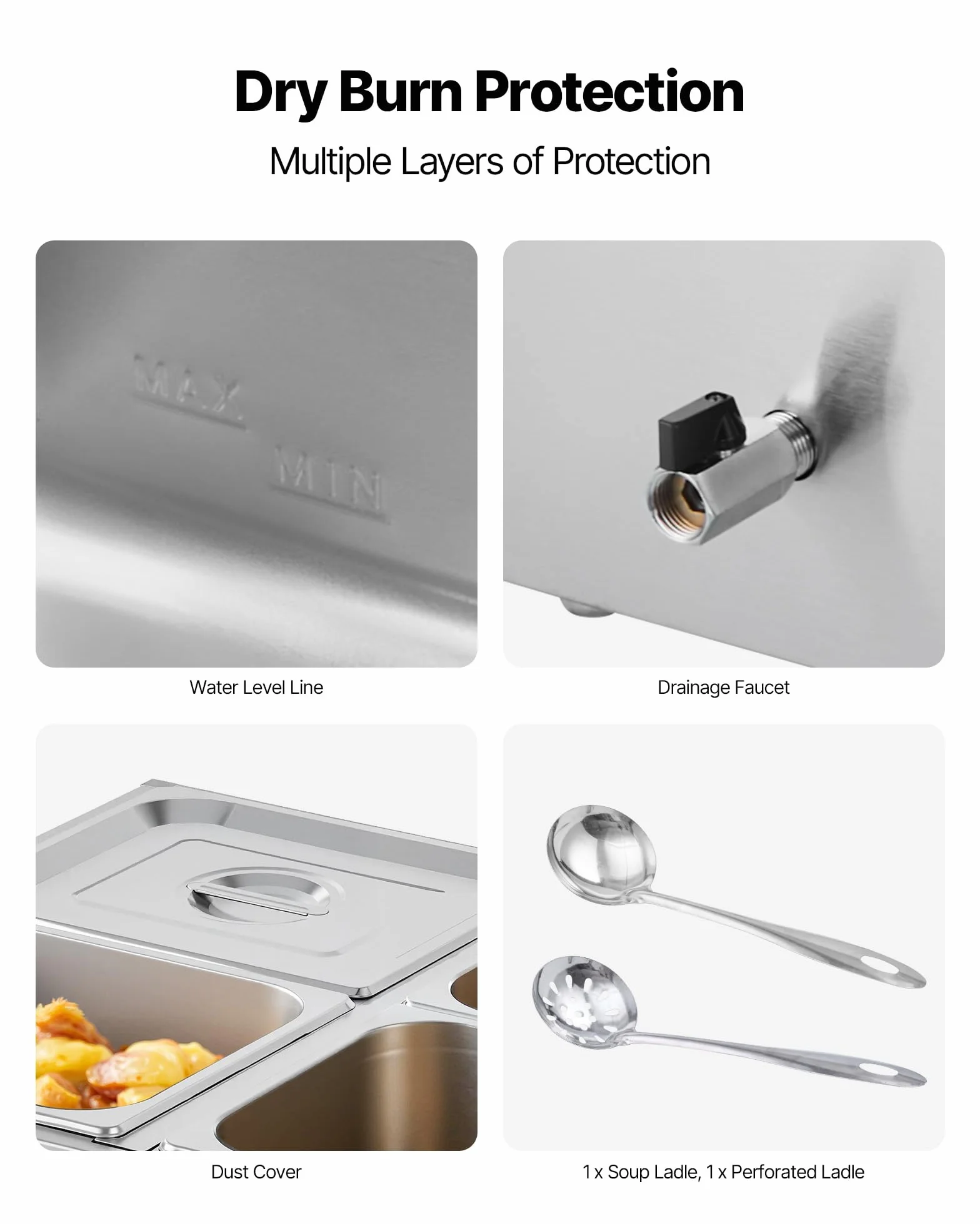 VEVOR Calentador de Alimentos 1500 W Acero Inoxidable 4 Bandejas Baño María