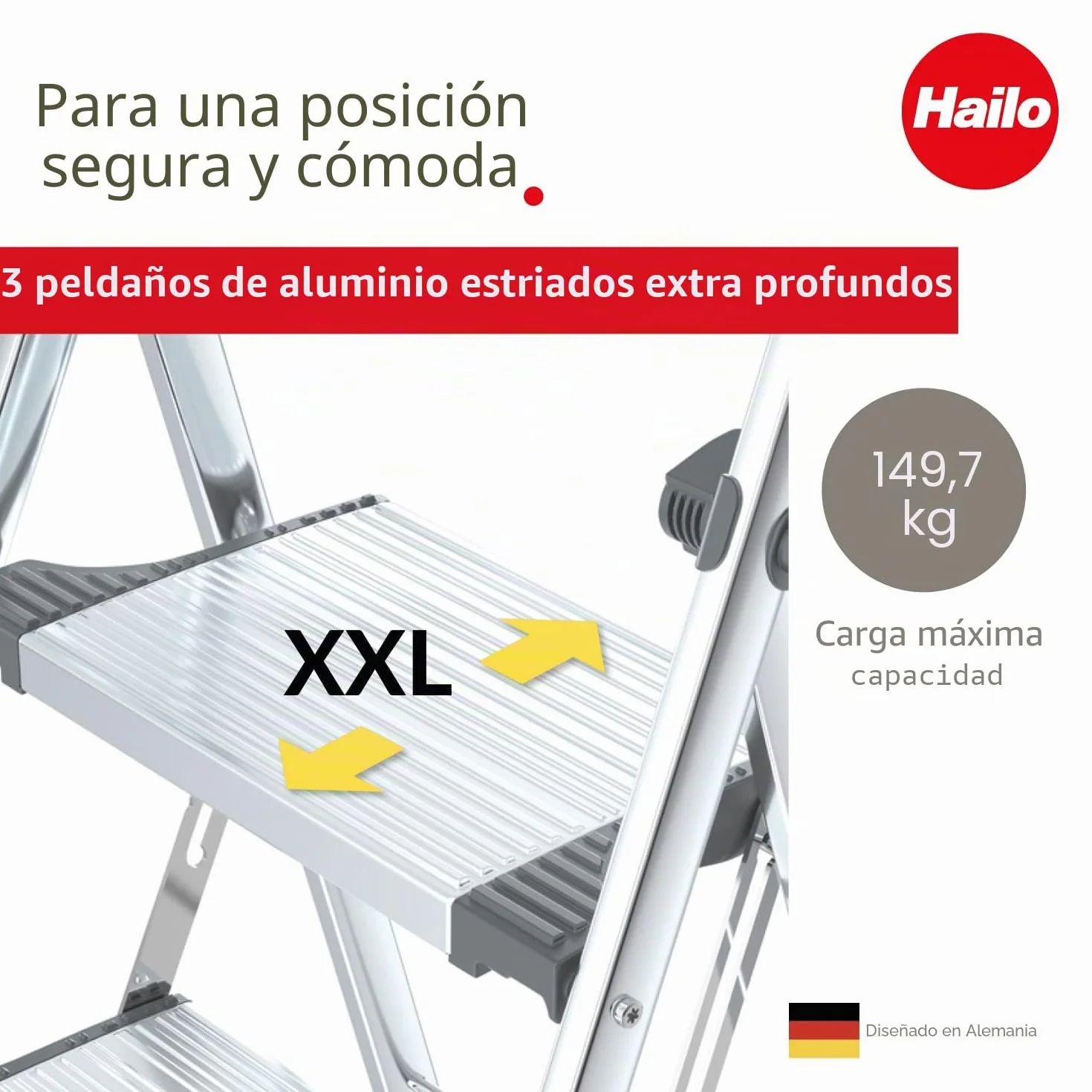 Hailo 4303-201 Taburete de Aluminio con Estribo Alto de Seguridad (3 peldaños) Plateado (4303-321)