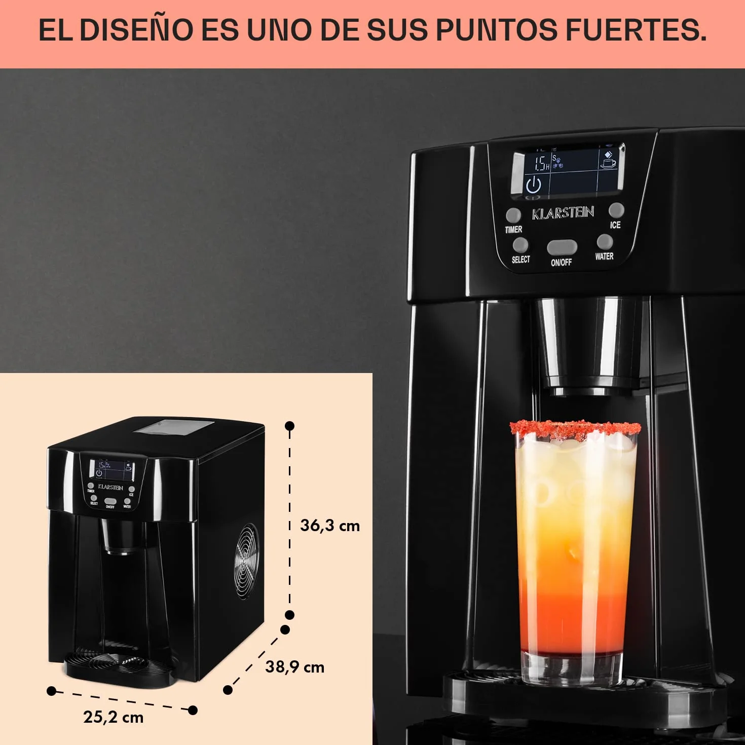 Klarstein Maquina de Hielo para Encimera, Maquina Hacer Cubitos de Hielo Domestica, Producción 12 kg., Depósito Agua Capacidad 2 l. Dispensador Agua Fría, Ice Maker Sobremesa, Máquina Cubitos de Hielo