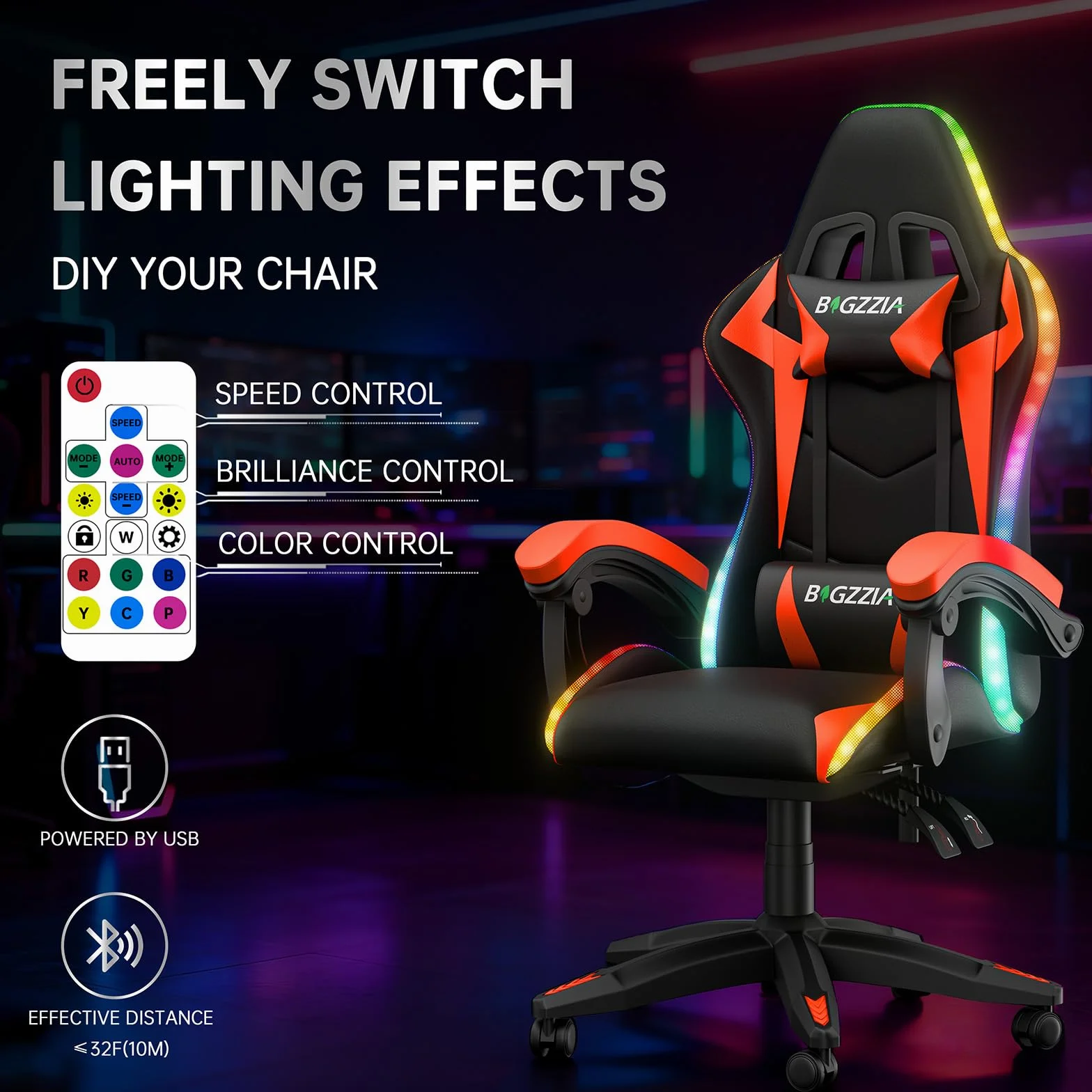 Silla para videojuegos con iluminación LED, silla ergonómica con luz RGB, reposacabezas ajustable y soporte lumbar, piel sintética, silla de oficina, altura e inclinación ajustable (negro y rojo)