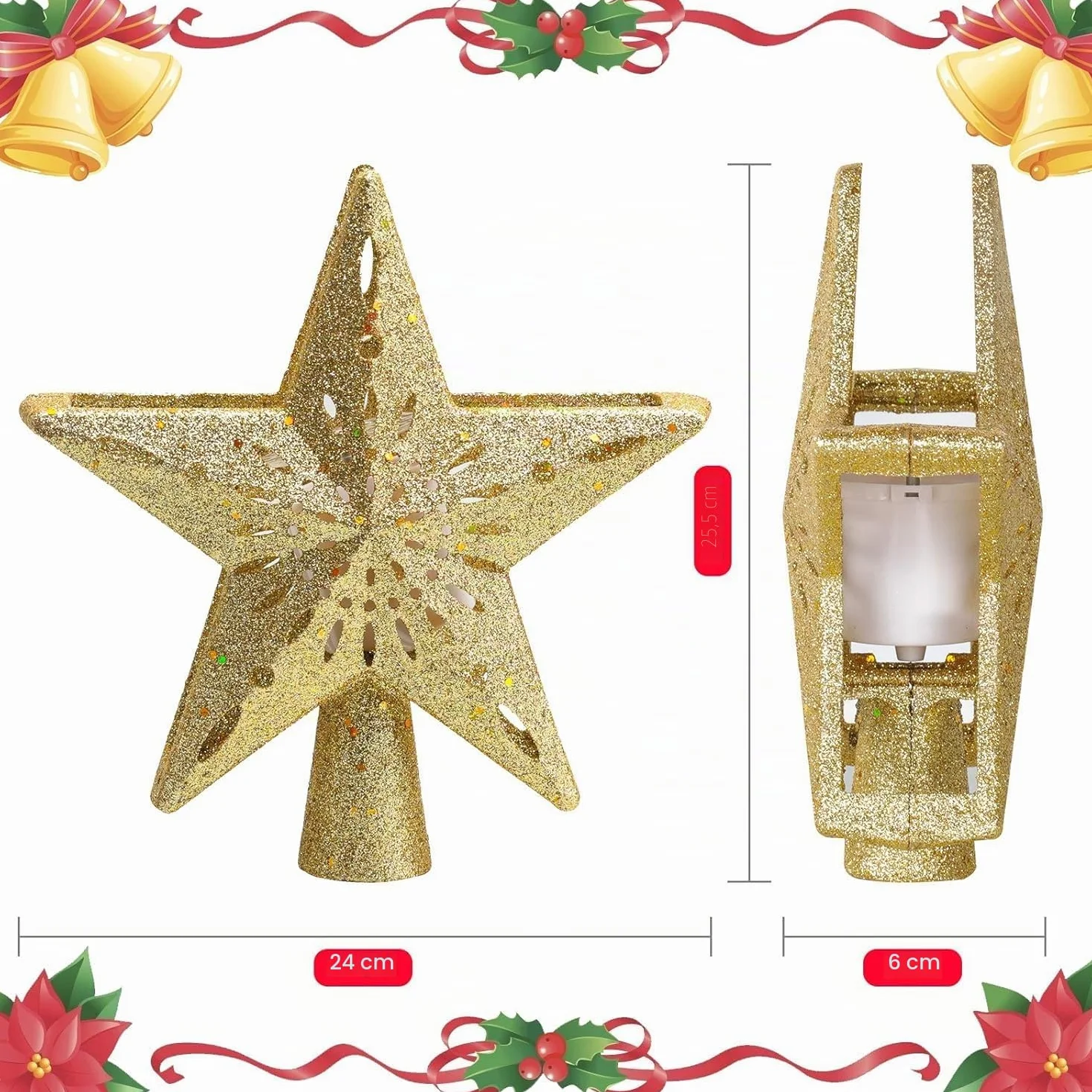 Avoalre Estrella Arbol Navidad con Proyector LED de Copo de Nieve Giratorio Proyector Luces Decoración árbol de Navidad para Hogar Oficina Bar Hotel - Dorado