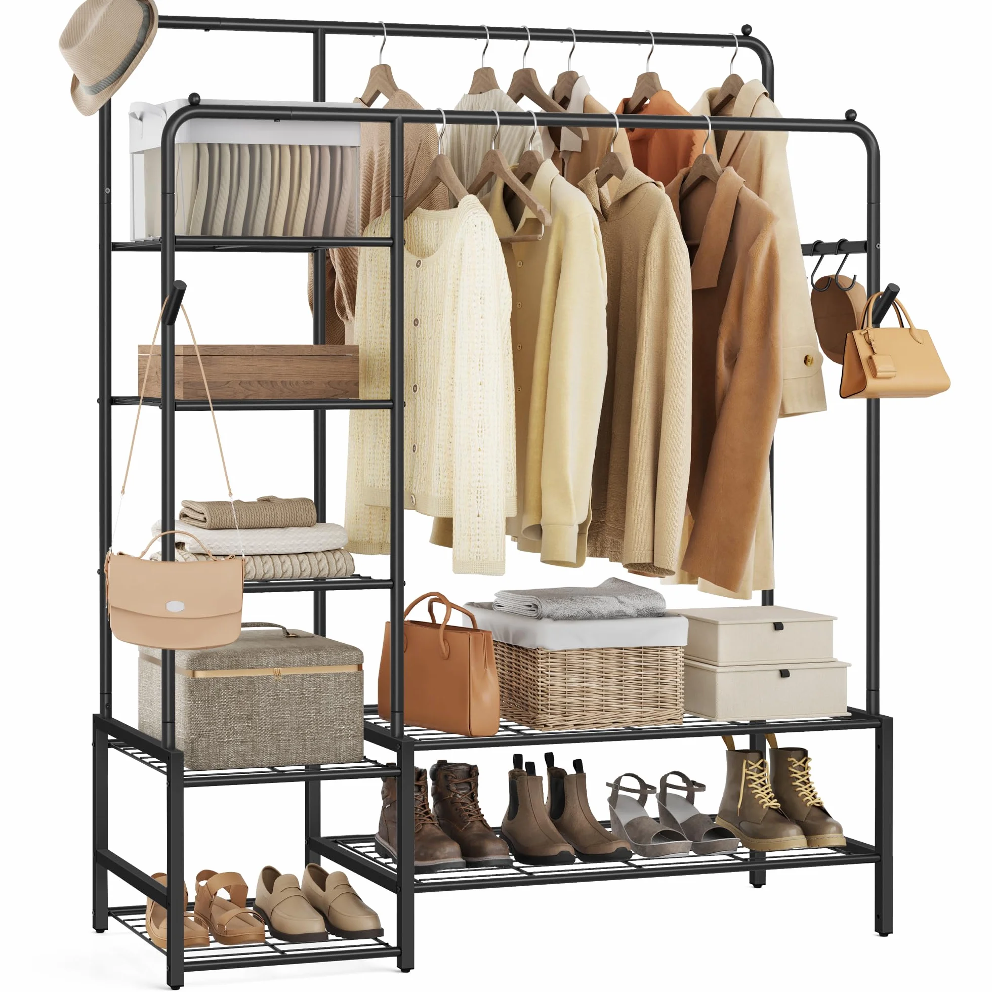 SONGMICS Perchero, Armario Abierto, con 7 Estantes, Estructura de Metal, Barra de Colgar, para Dormitorio, Salón, Entrada, Negro HSR182B01