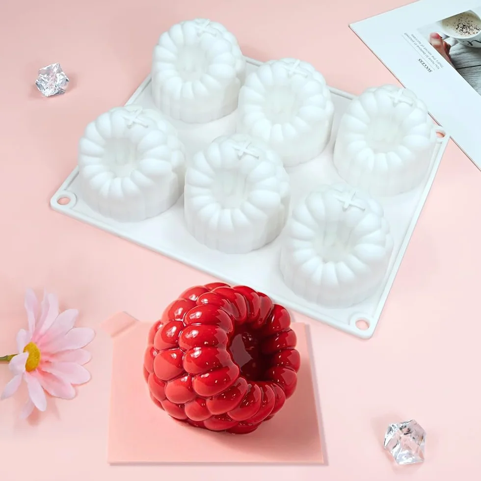 Molde de silicona de grado alimenticio para hornear frambuesas y mousse de 6 agujeros para hornear frambuesas 3D, pudín, pasteles, postre, chocolate, herramientas de decoración de pasteles de frutas