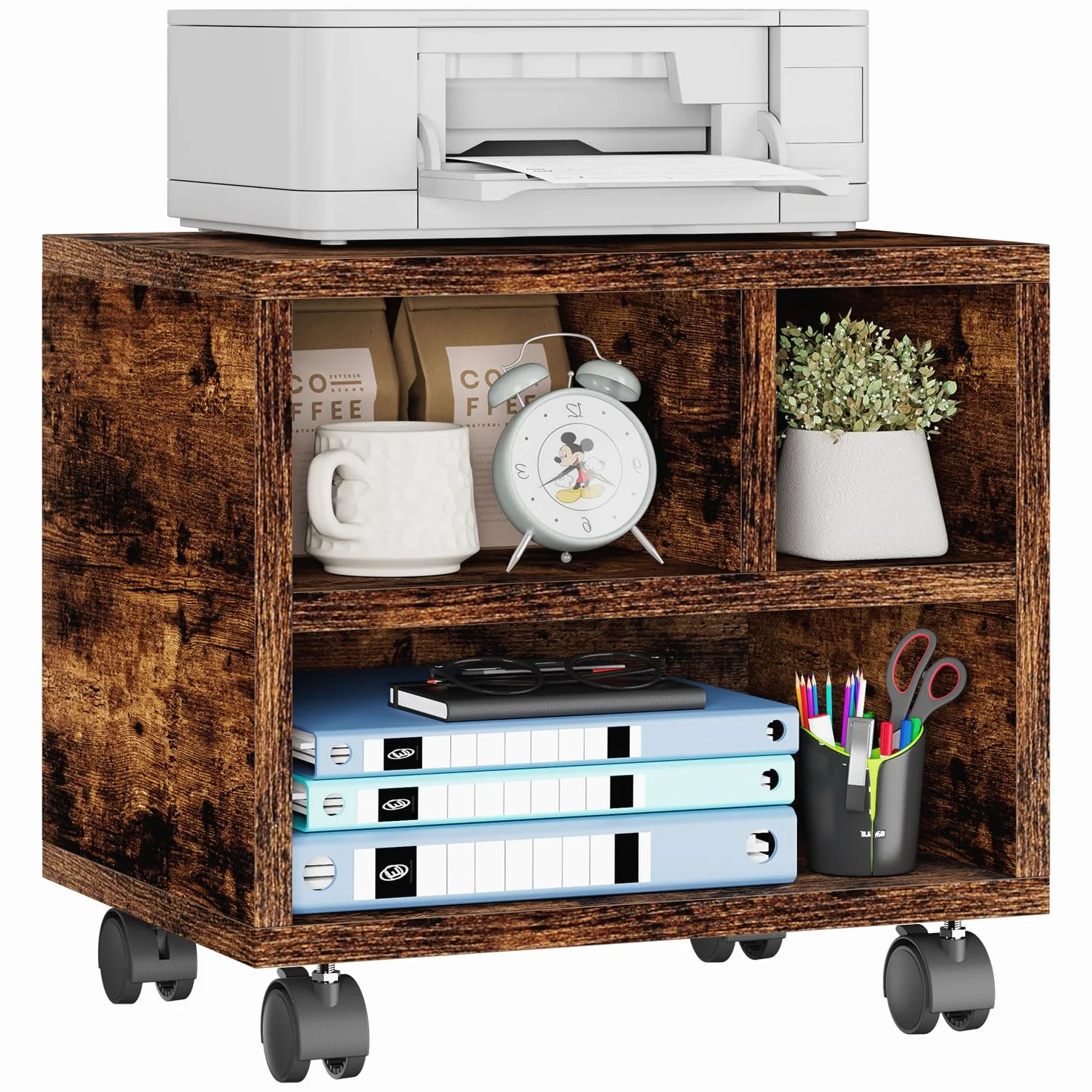 IBUYKE Soporte para impresora móvil con ruedas, mesa de impresora con estante de almacenamiento, organizador de escritorio multiusos, carrito de impresora sobre ruedas, para carpetas, máquina de fax