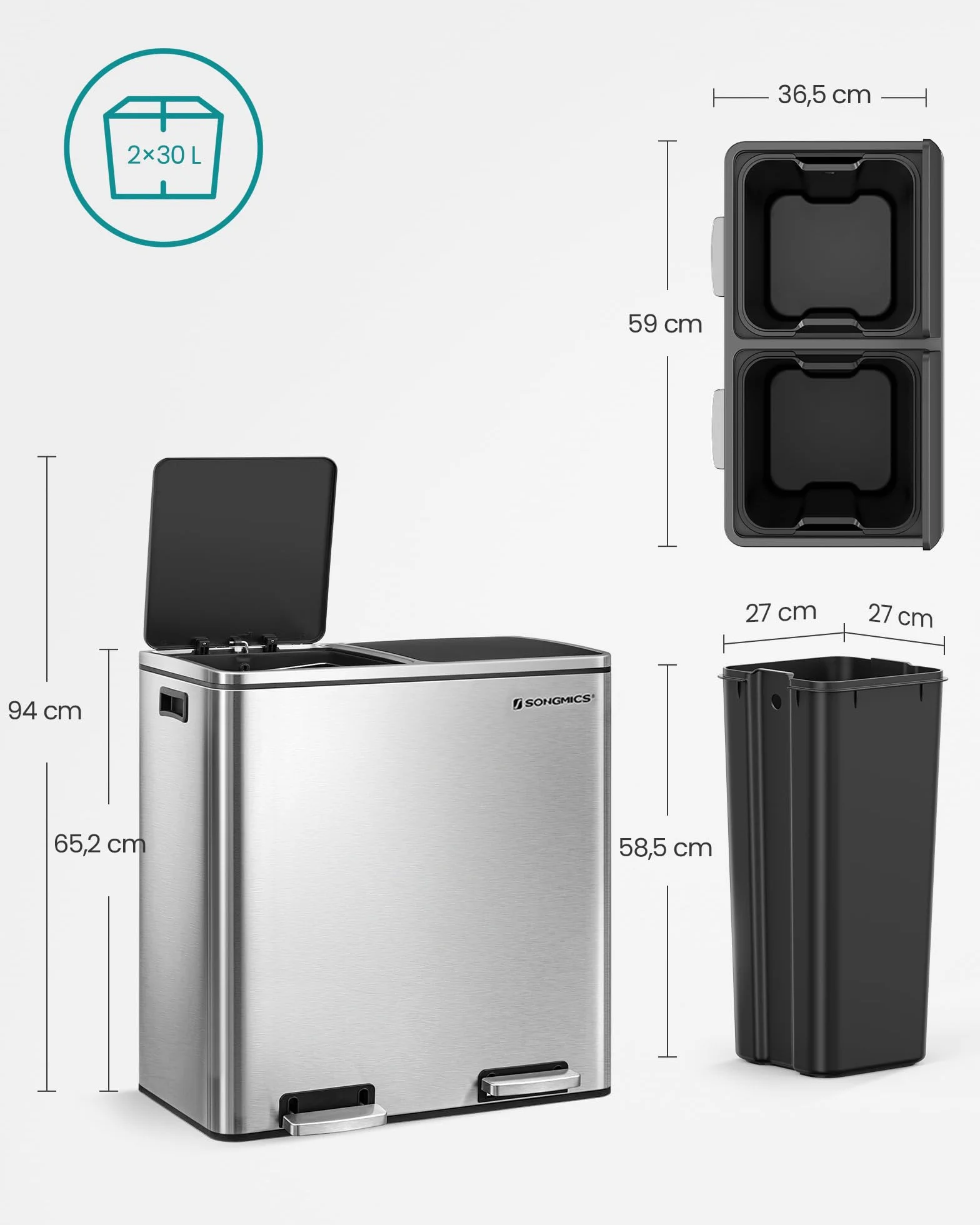 SONGMICS Cubo de Basura, 2 x 30 L, 2 Cubos, Reciclaje, Pedal de Metal, 15 Bolsas de Basura, Cubos Interiores de Plástico y Asas, Tapa con Bisagras, Cierre Suave, Hermético, Plata y Negro LTB60NL
