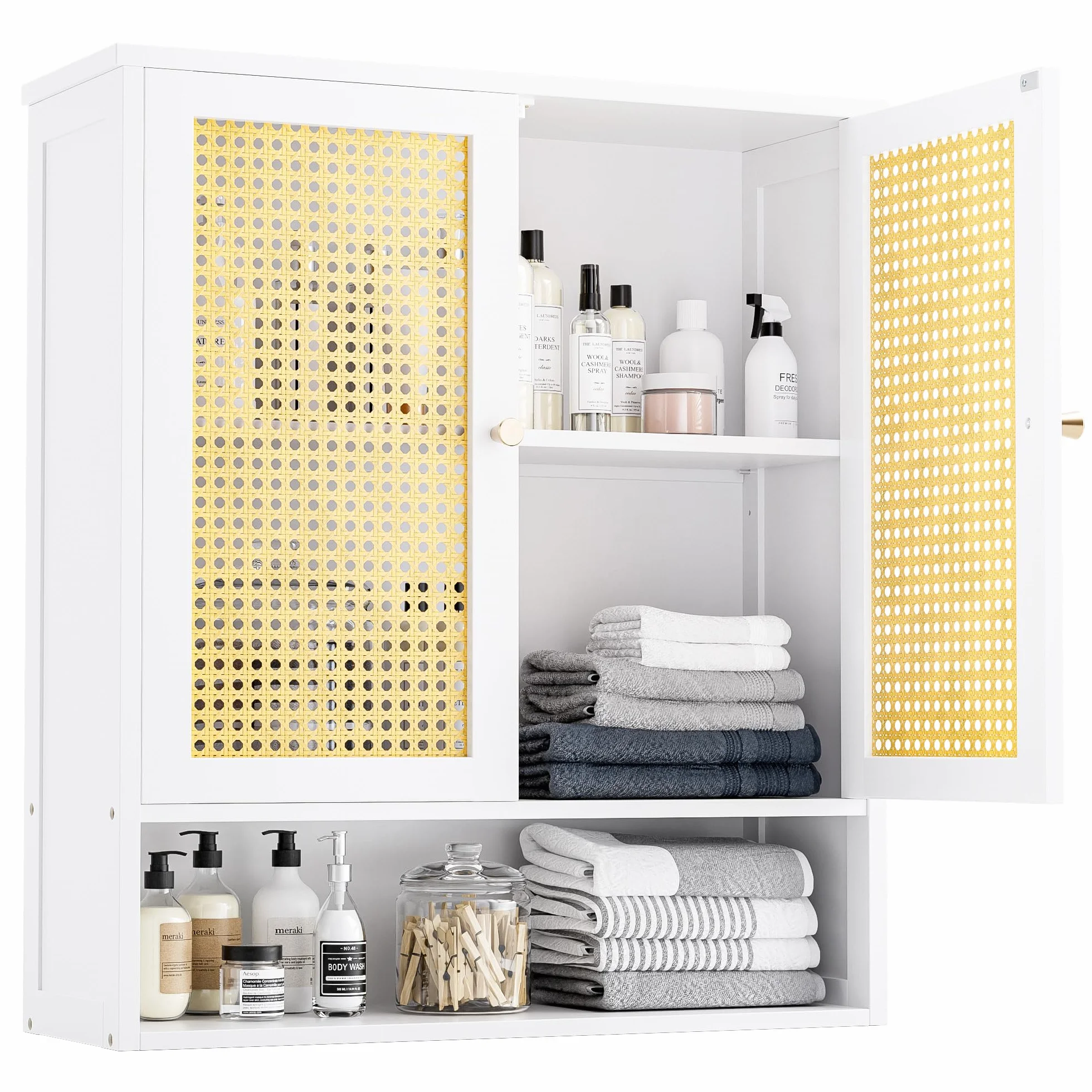 Mueble de Pared para baño, Organizador de Almacenamiento de bambú sobre el Inodoro con 2 Puertas de ratán y Estante Ajustable, botiquín de Ahorro de Espacio para lavandería, Cocina (Blanco)
