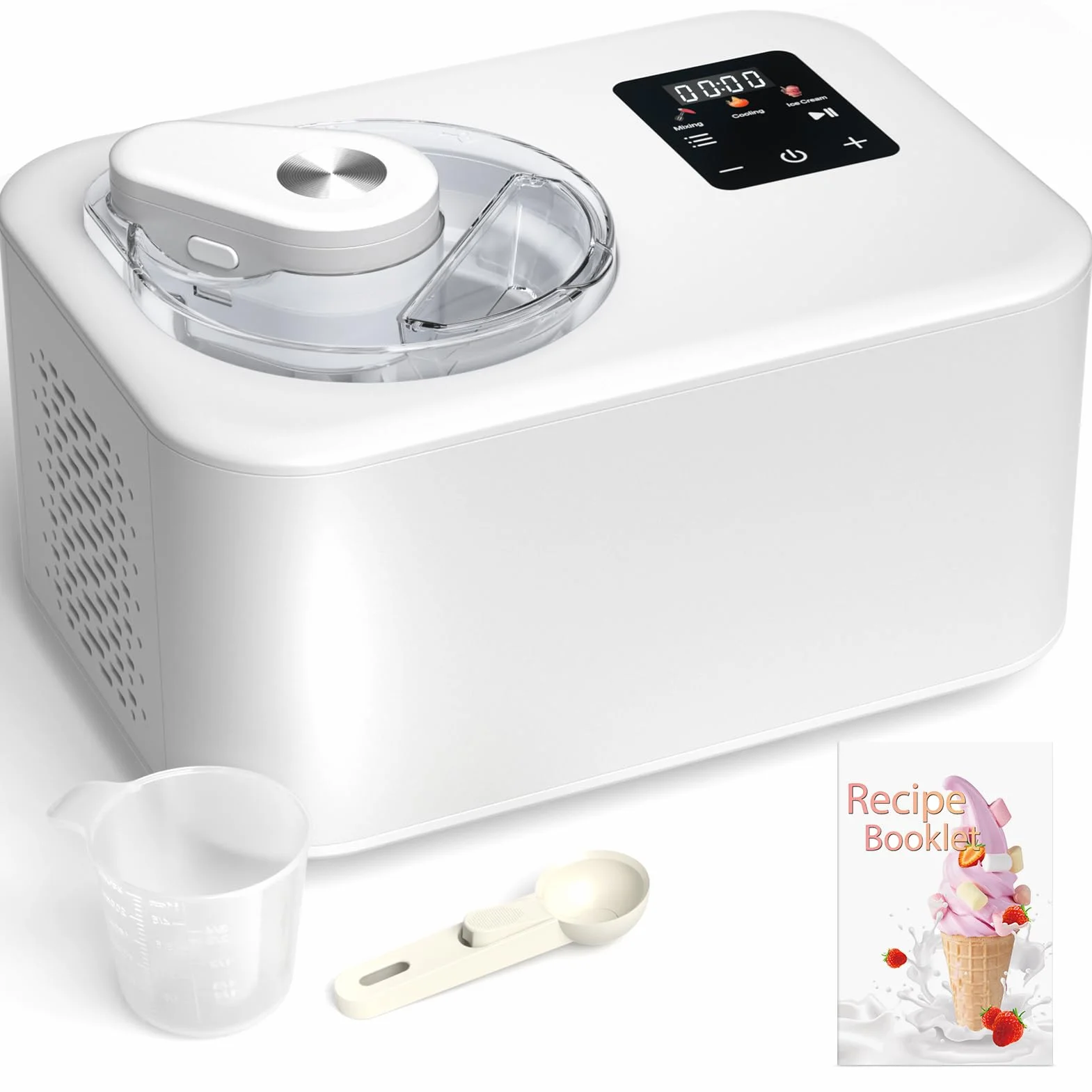 Máquina Para Hacer Helados con Compresor 1,2L, Heladera Eléctrica, Heladera Profesional, 110W, Pantalla Táctil, Cubo de Aluminio Extraíble, Receta & Cuchara, No Requiere Precongelación