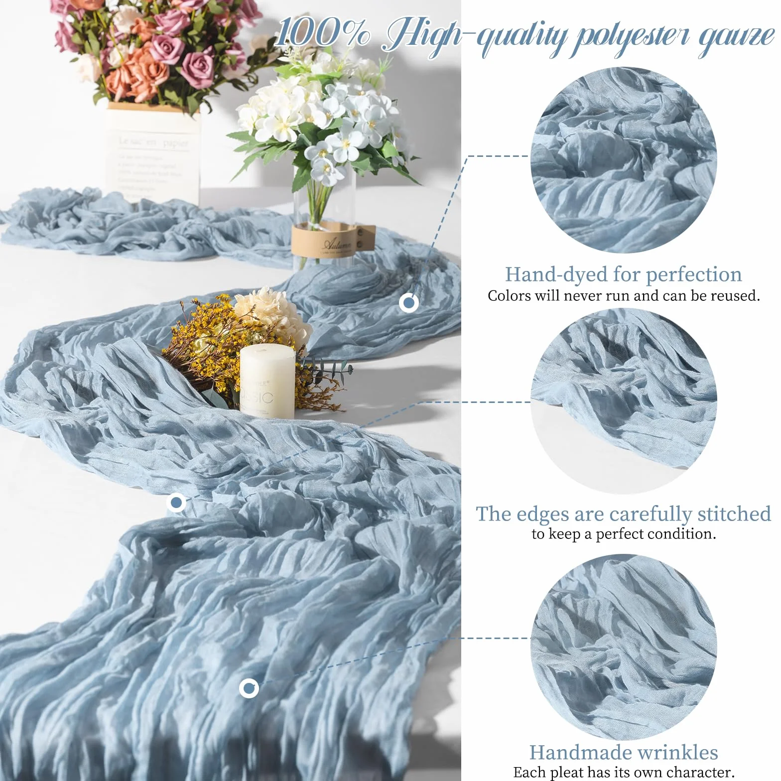 Teruntrue Pack de 20 Camino de Mesa Azul Polvo 45x275 cm, Gasa Transparente Boho para Boda, Ducha de Novia, cumpleaños, hogar, jardín, Granja