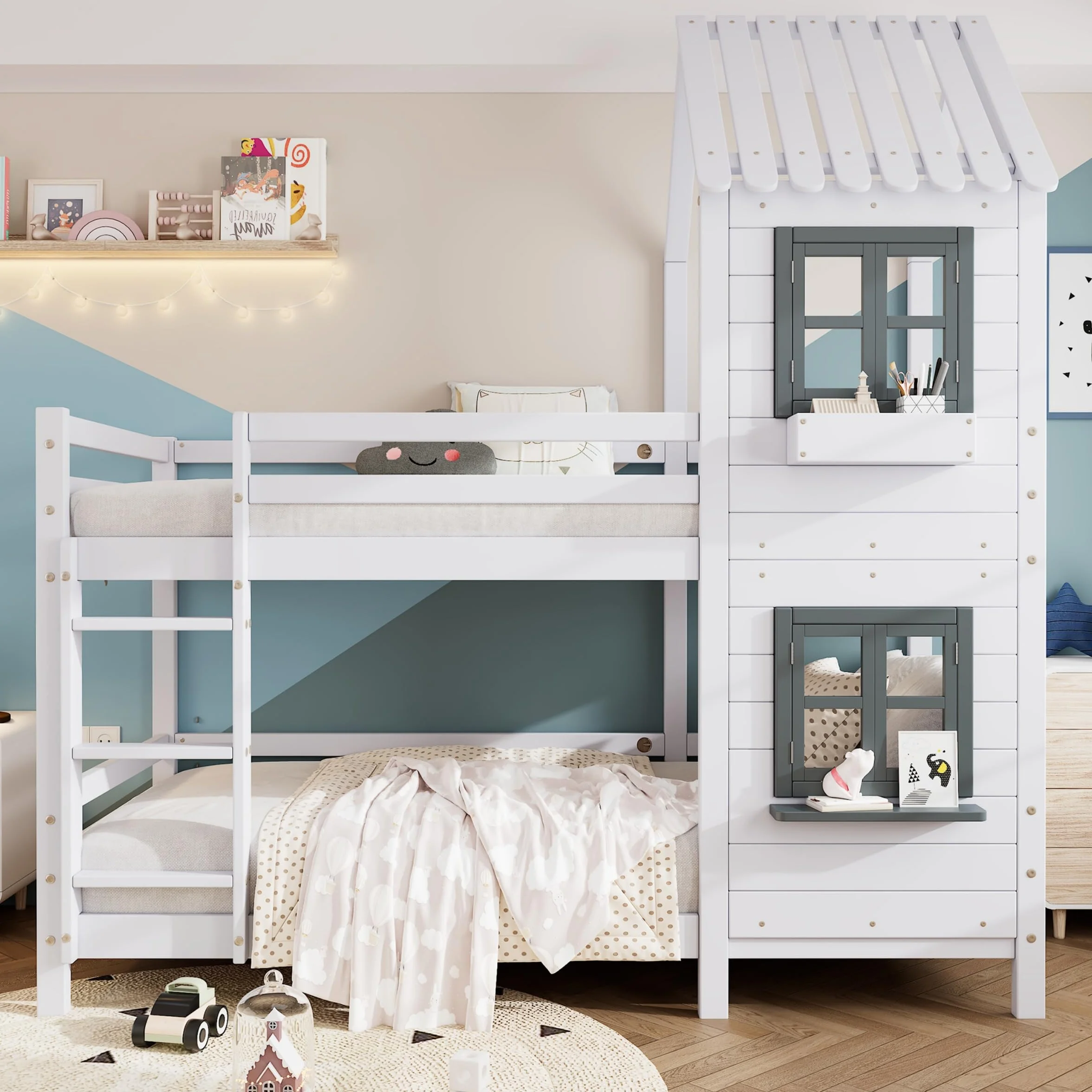 Lubvtti Litera Infantil 90 x 200 cm con pasamanos y Ventana,Cama Infantil con protección contra caídas y barandilla,Cama de Matrimonio,Estructura Cama de Pino con Base de láminas,Blanco