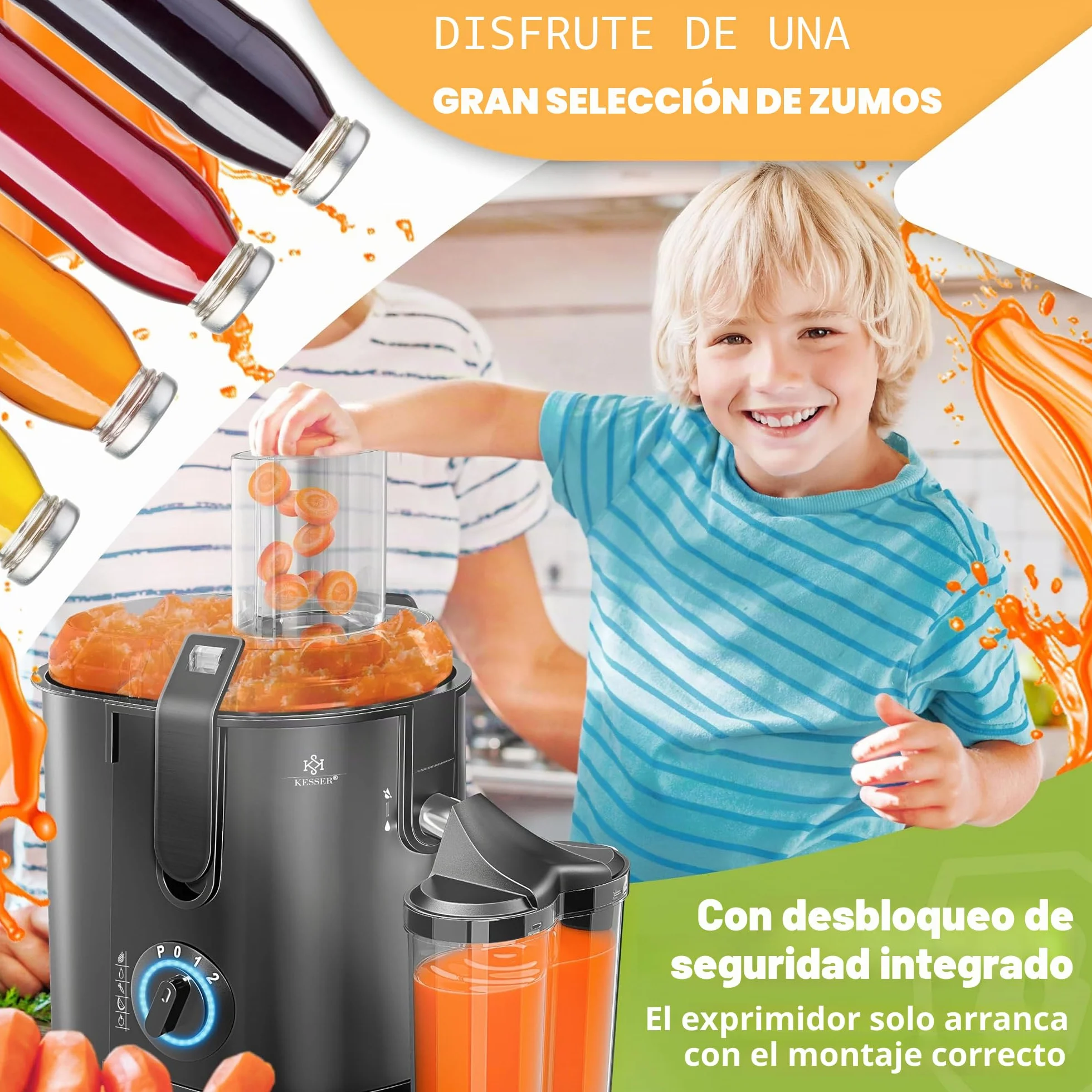 KESSER Exprimidor acero inoxidable 1100W, abertura 85 mm, 3 velocidades, Negro
