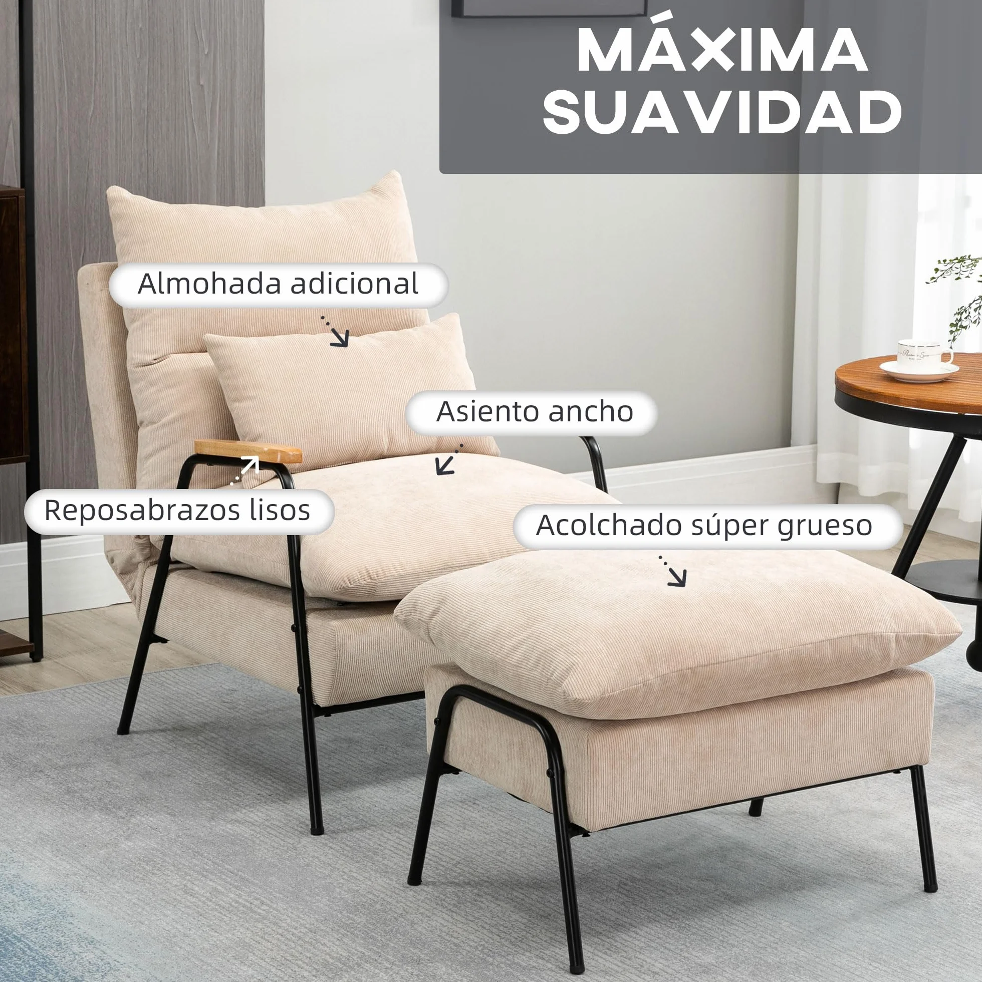 HOMCOM Sillón de Relax con Reposapiés Sillón Reclinable con Respaldo Ajustable Tapizado en Pana Marco de Acero y Cojines para Salón Dormitorio 68x91,5x88 cm Beige