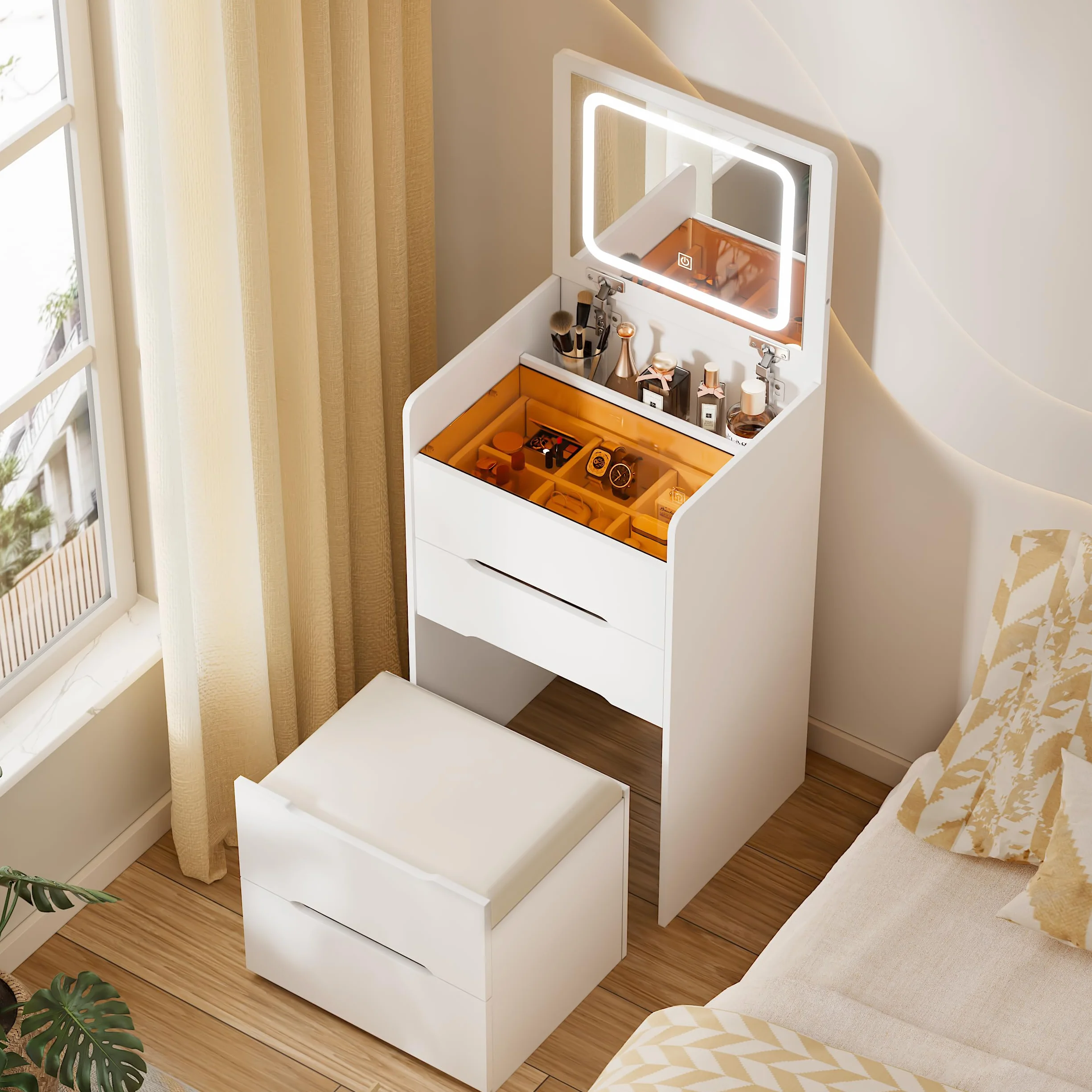 MSFE Tocador 3 en 1 con Espejo abatible Toca-dor con Luces LED de Brillo Escritorio de tocador con Escritorio de Vidrio Visible, Compacto con 3 cajones,Taburete Acolchado Tocado para Dormitorio