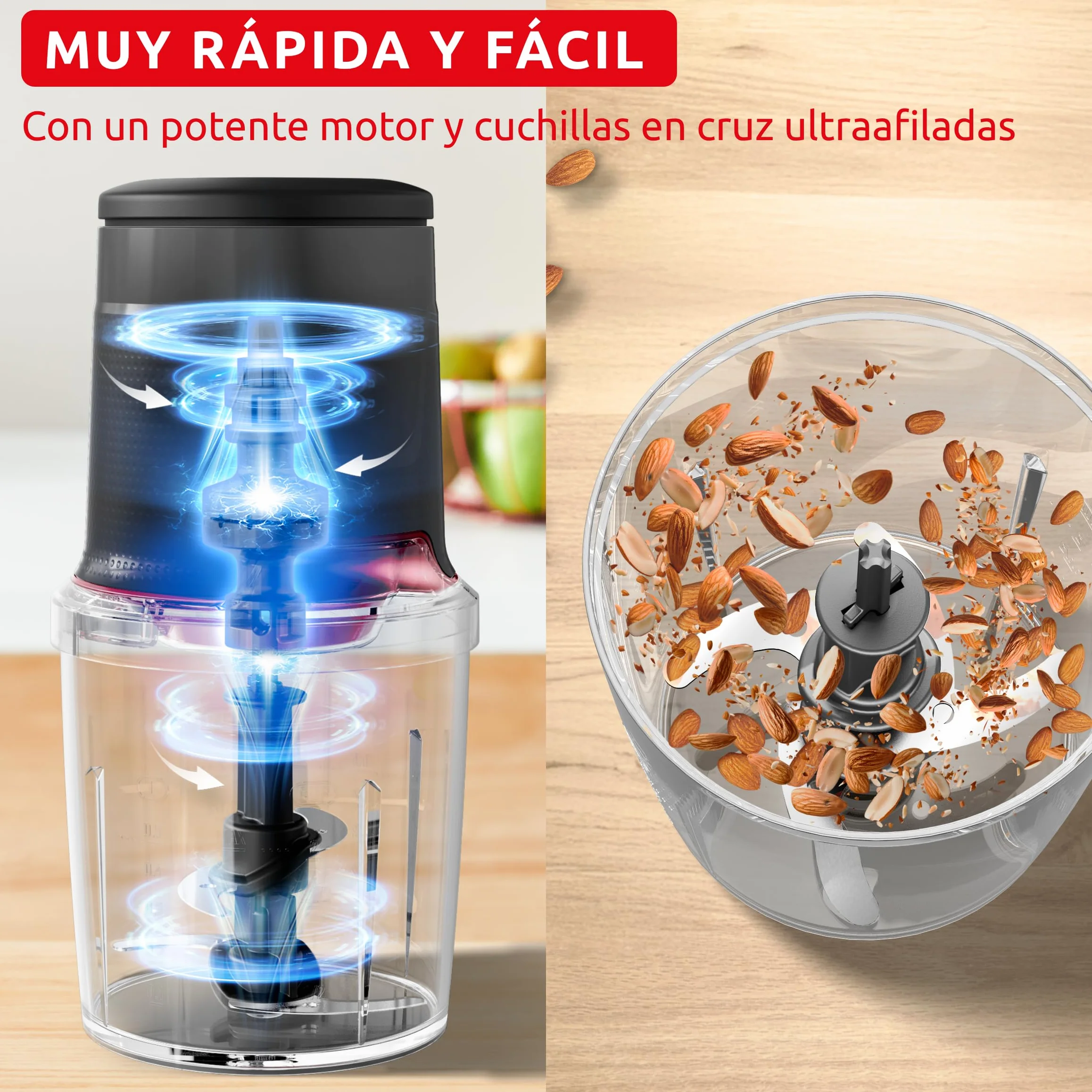 Moulinex Easy Press, Picadora de alimentos, 600 W, Capacidad de 500 ml, 4 cuchillas afiladas de acero inoxidable, Tecnología Safe Start Advanced, 3 funciones, Apta lavavajillas, Gris, AT740HF1