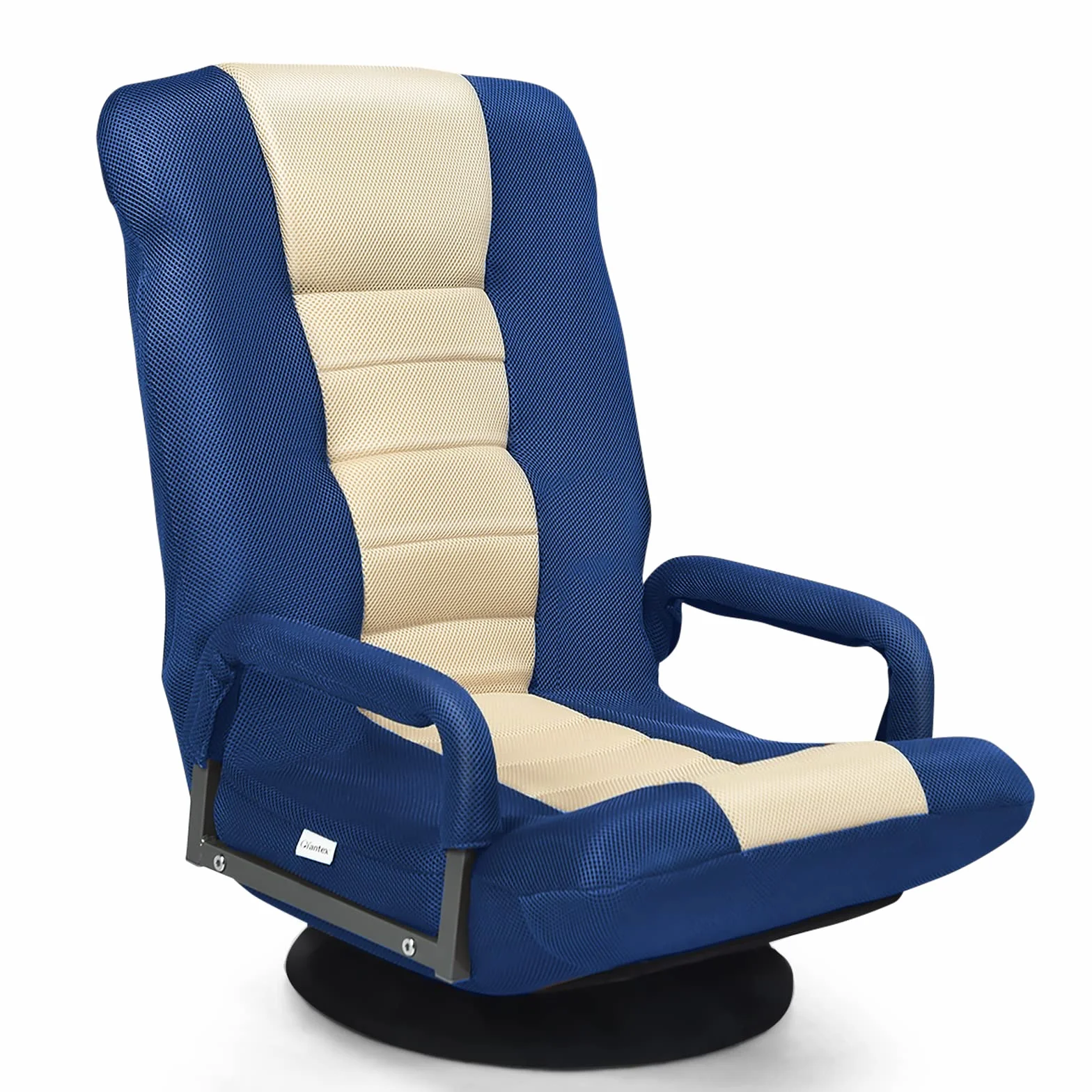 RELAX4LIFE Silla de Suelo Giratorio 360° con Respaldo Ajustable en 6 Ángulos, Sillón Relax Plegable con Diseño Ergonómico para Salón, Dormitorio y Oficina, Carga 120kg, Azul+Beige