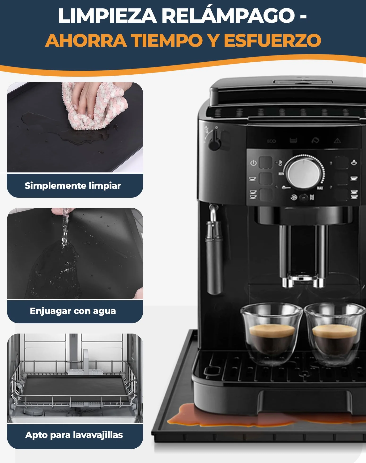 Alfombrilla para Máquina de Café 48x29 cm Base de Silicona Compatible con De'Longhi Magnifica, Krups, Philips LatteGo, Cecotec