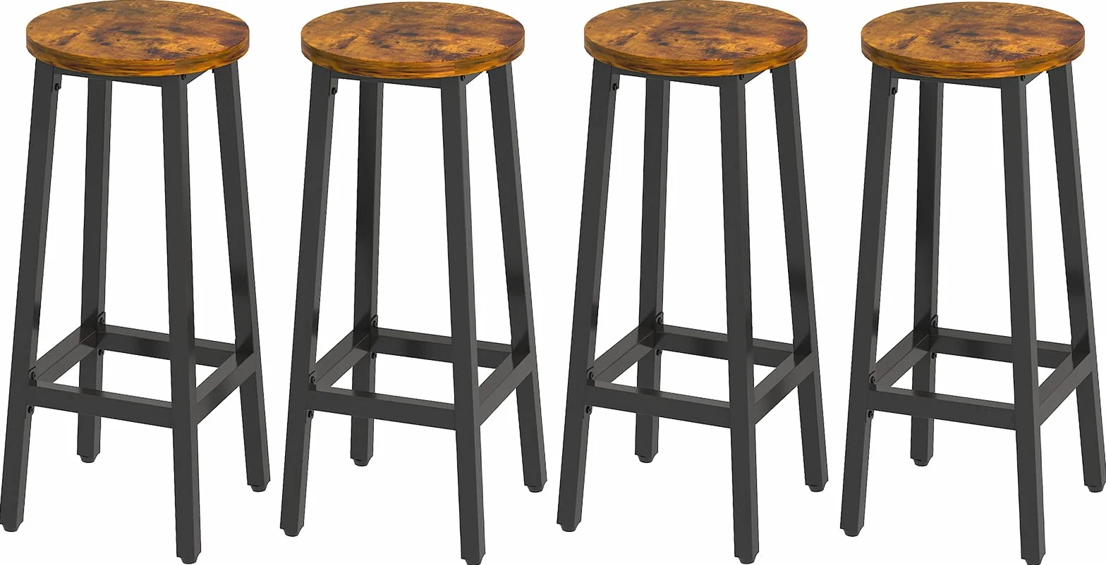 YMYNY Juego de 4 Taburetes de Bar, Taburete Alto para Cocina, Aspecto de Madera, Estructura de Metal, Estilo Industrial, 29 x 29 x 70CM, Marrón Rústico HTMJ510H-2