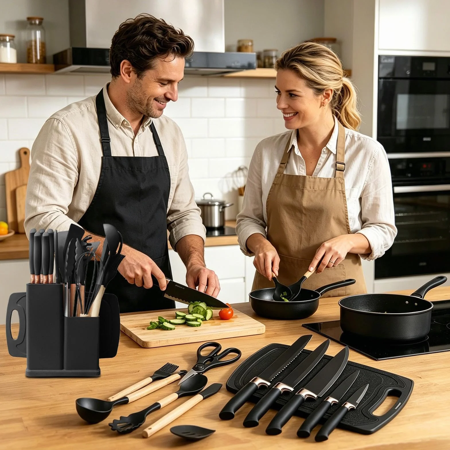 Utensilios De Cocina Kit 19 Piezas En Silicona Antiadherente Resistente Al | Juego Utensilios Con Soporte Almacenamiento Para Interior Casa Mostrador Encimera Apartamento Familia Doméstico
